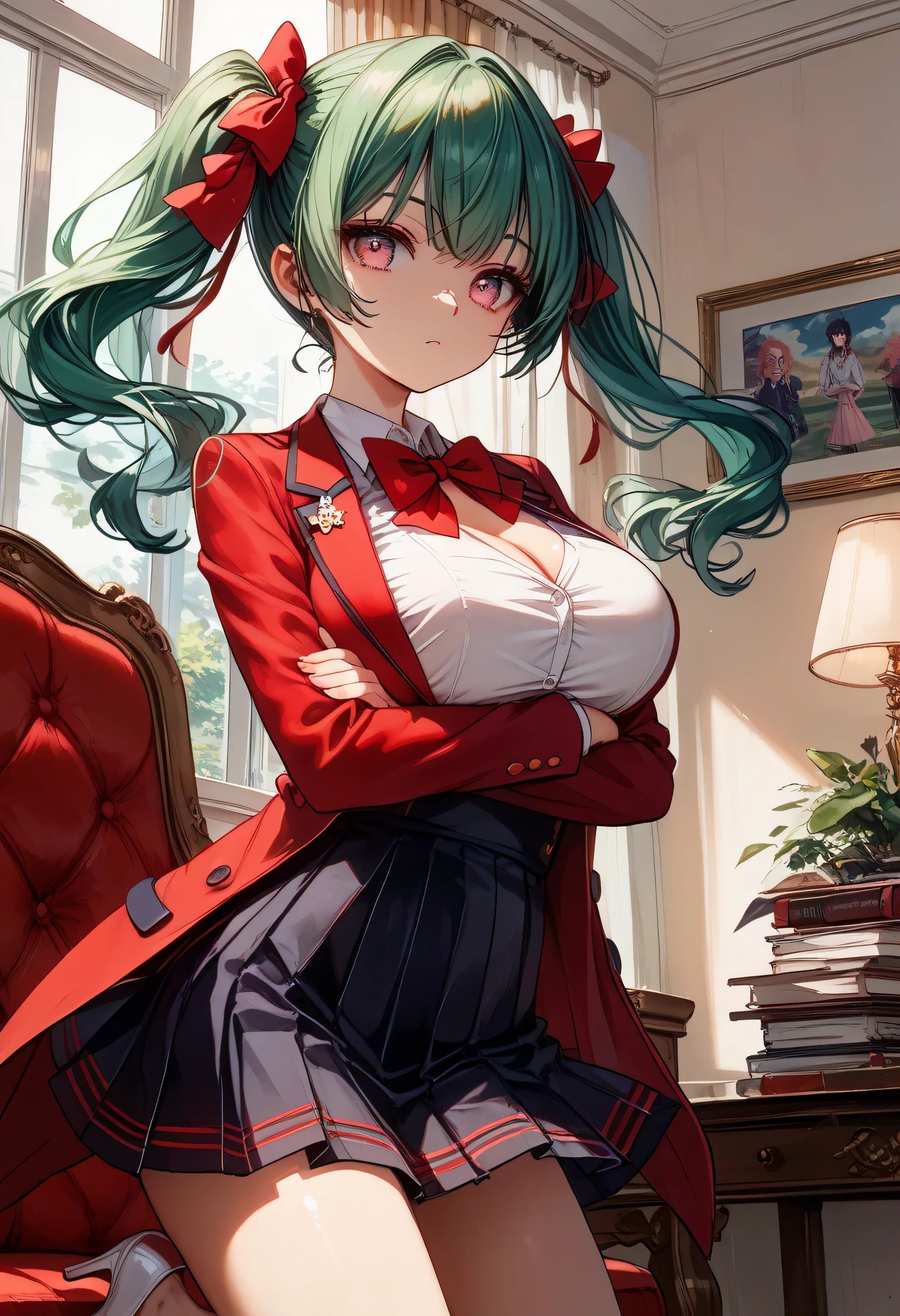 score_9, score_8_up , score_7_up ,source_anime,1cute girl, EMERALD hair, pattern ,twintail,red ribbon, expressionless, Large breasts,school uniform,　red-blazer, (red-blazer:1.3), (red-chest-bow:1.3), (white shirt:1.3), black-pleated-skirt, (high waist skirt:1.3) , pink eyes, white high heels,crossed arms,cute room,relaxed look