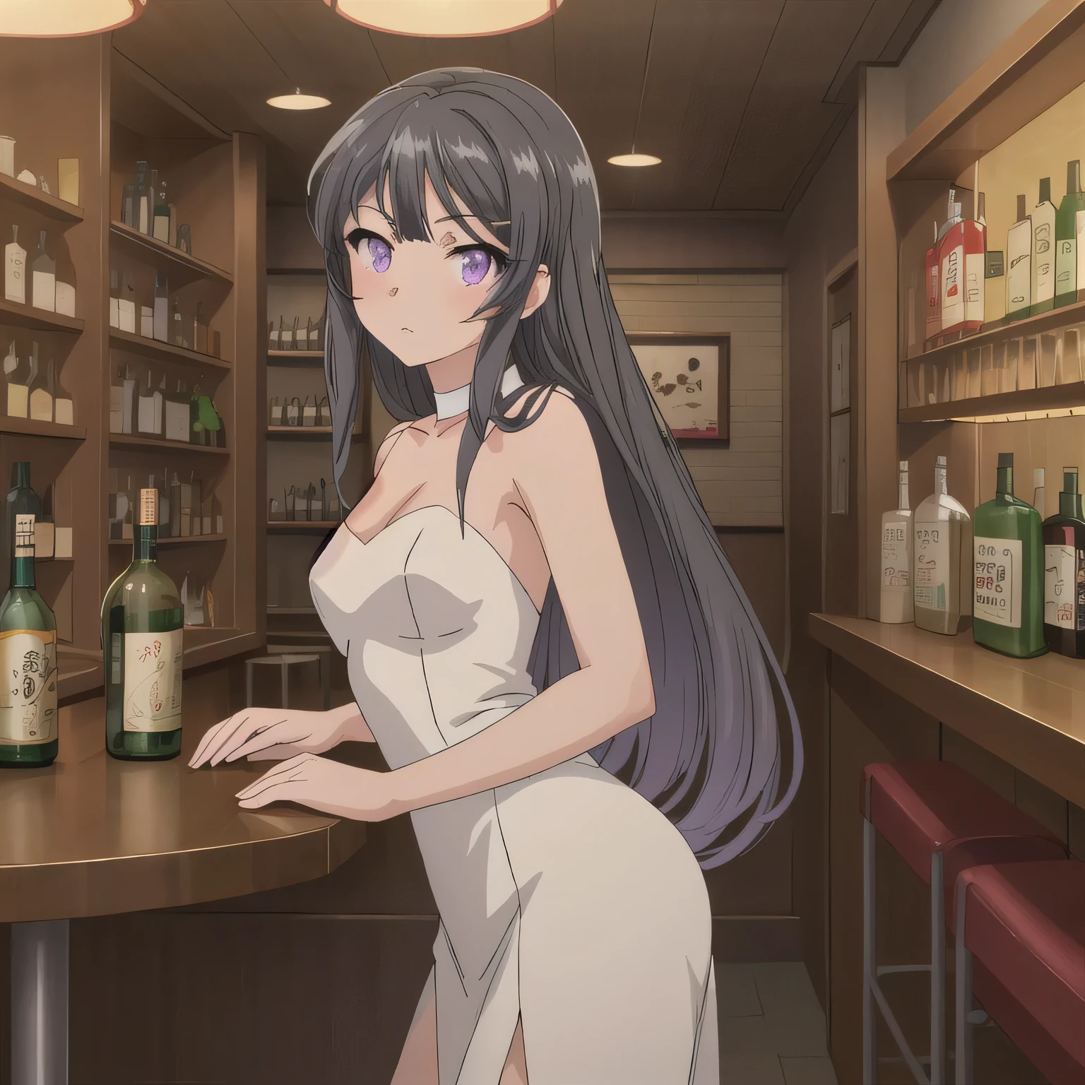 A 2D anime-style illustration. The scene is set inside a dimly lit, cozy Japanese "snack" bar. The lighting is soft and warm, with gentle shadows creating a relaxed, moody atmosphere. Bottles of liquor line the shelves behind the bar, and small round tables are scattered throughout the room. A young woman is standing near a table, wearing a stylish, slightly sexy dress commonly seen in such bars — like a fitted cocktail dress with soft fabrics and subtle glitter. She looks elegant and approachable. The focus is on the warm mood and ambient light. No text in the image. Long hair, black hair, purple eyes.