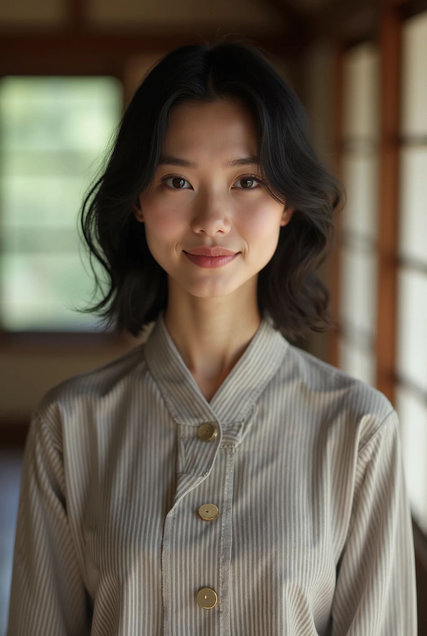 (High reality photograph, high resolusion, detailed face, detailed eyes) Skinny Japanese lady, 40 years old, cute face, various face expression, mid-length hair, skinny figure, small breasts, very thin waist, white T-shirt, in a Japanese room