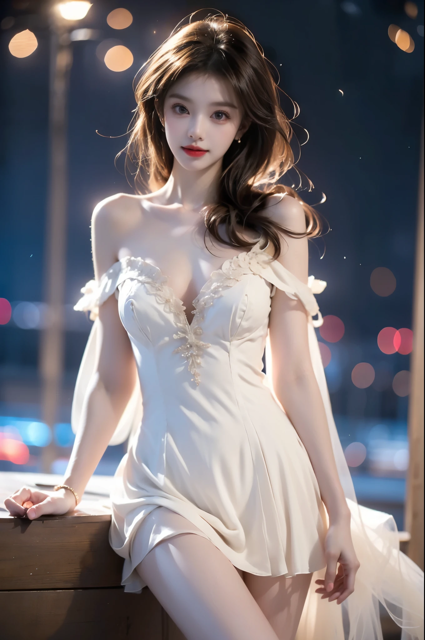 (Masterpiece:1.2), best quality, (illustration:1.2), (ultra-detailed), hyper details, (delicate detailed), (intricate details), (cinematic light, best quality Backlights), clear line, from below, soloist, soft lights, ethereal, magical looking, a candid looking girl with soft curly black hair, brown eyes, Rainforest, fairytale, full body,  perfect body, big breasts, magical, light particles, fireflies, cute smile