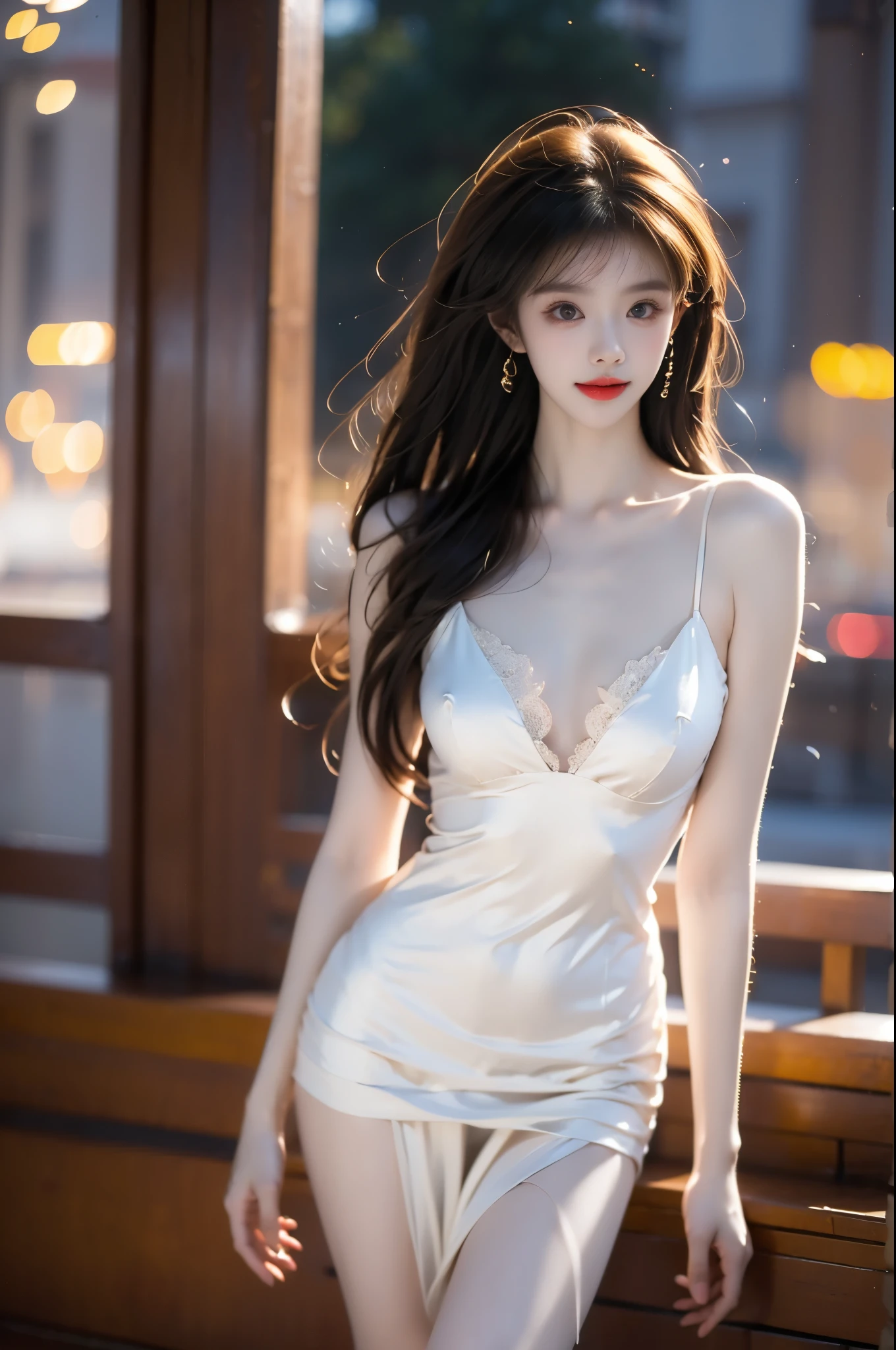 full hd 8k, Girl standing in front of a dark night scene, full moonlight reflecting on her beautiful face. Her long, silky hair was gently blown by the night wind, creating a gentle and romantic feeling. She is walking on a large beach. She looked up at the starry sky, as if searching for something, her eyes showing a pensive and lonely look. The full moon shines in the night sky creating a beautiful scene. The girl has long, strands of hair,  Light blonde hair, a luxurious and noble beauty. The moonlight shines on the girl's delicate face, highlighting her large, round light brown eyes, creating a natural, gentle beauty. She wore a mini white dress to create a sexy beauty. These images capture detailed panoramic portraits and views of the sky and sea. All create a beautiful, wonderful picture that makes people unable to take their eyes off the scene. All of these details are depicted clearly and sharply,