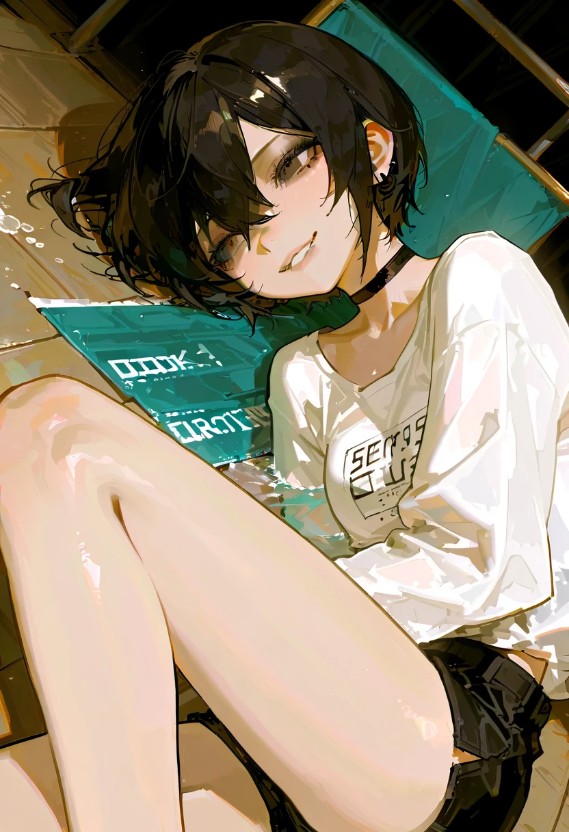 mature woman, goth, hot face, black lipstick, tongue out, teasing expression, seductive grin, hot face, (sharp eyes), gray eyes, short hair, messy hair, black hair, slim body, medium breast, short pants, hot pants, black clothes, midriff, sitting down, sitting on sofa, crossing legs, (holding phone), view from side, side view, living room
