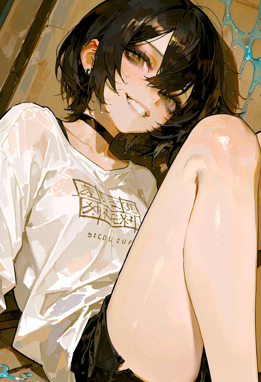 (Highest quality),Brown Skin,Black Hair,Black tail,black leather sofa,A painting of a nude woman sitting in a chair with a cat on her head, High resolution consignment, On pixiv, Low resolution, Carnal ) Wet, Feel free to sit
