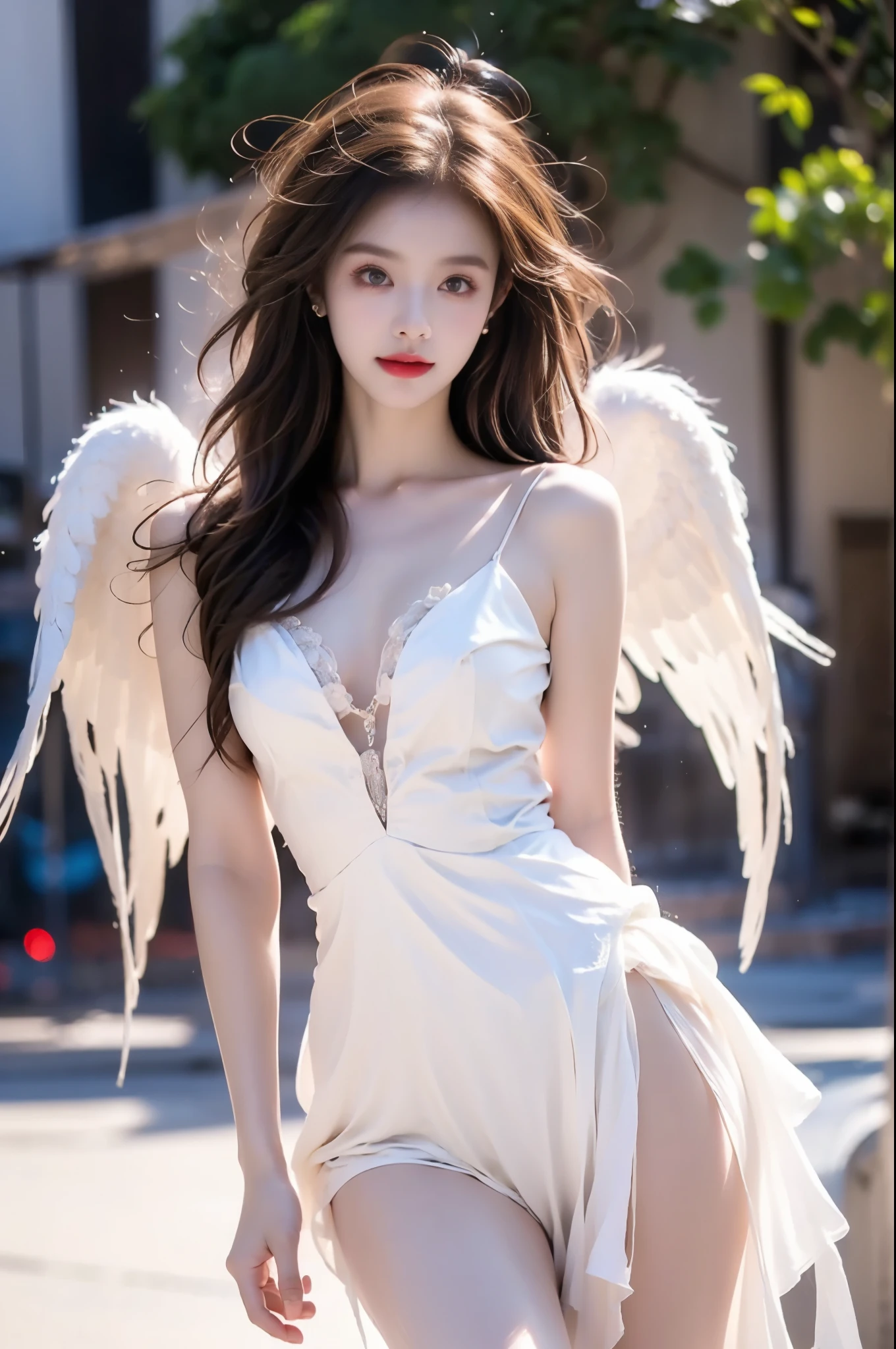 Dressed up with winged cute angel, wearing a beautiful garland on his head, symmetrical white feather material imitating huge wings, exquisite details, portraits, breasts, outdoors, ancient buildings, tall stone pillars, stone railings, a 25-year-old woman named Yiping in an ancient castle: 2, eyes looking at the camera, back to the camera, natural expression, posture not stiff, curly wavy long hair, white dress long dress, the same character, various poses, different angles, rich skin details: 1.5,