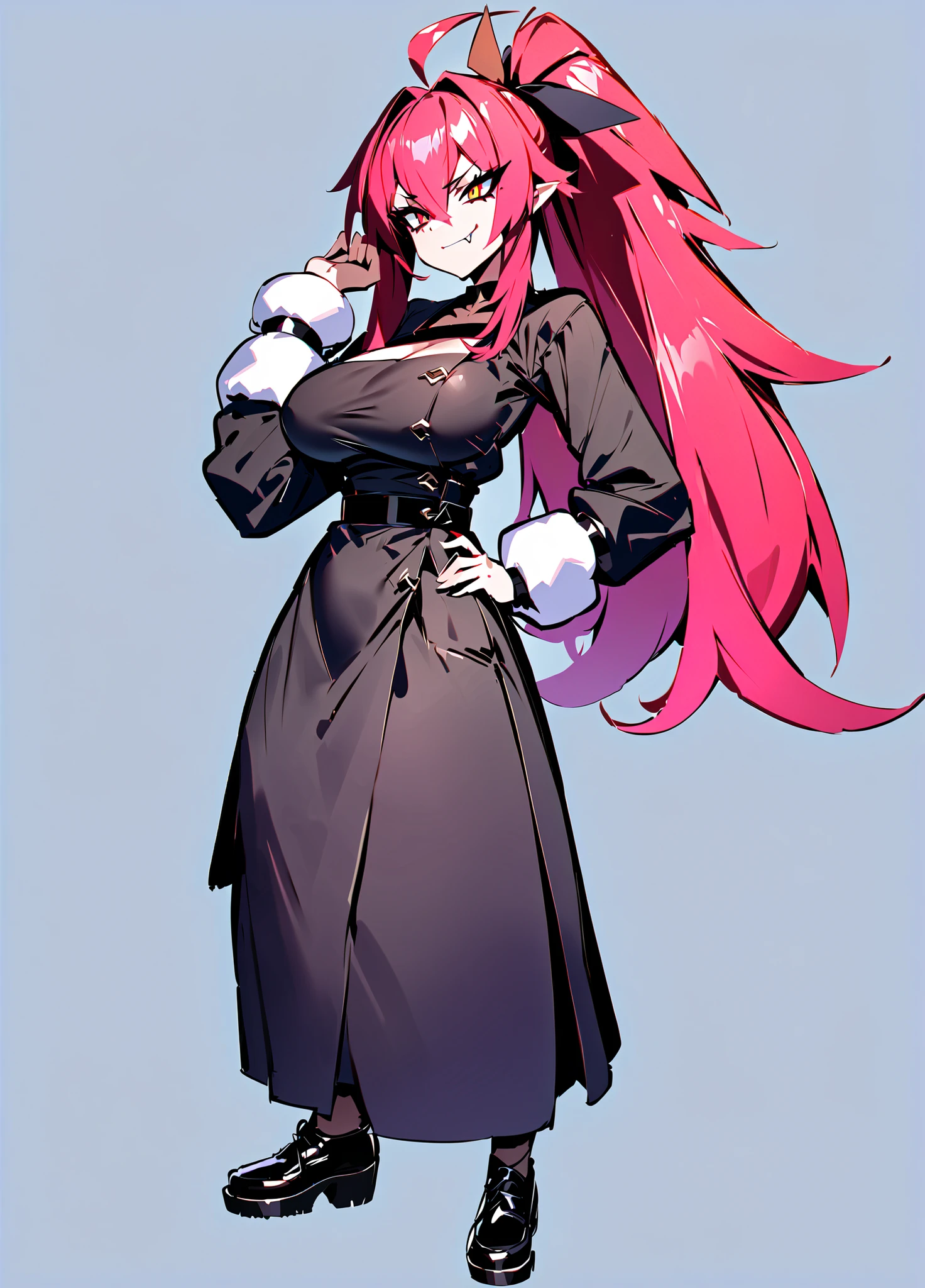 masterpiece,best quality,amazing quality, astylea, (zankuro:0.5),bangs,fang out,etna \(disgaea\),evil smile,simple background,full body,hand on own hip,