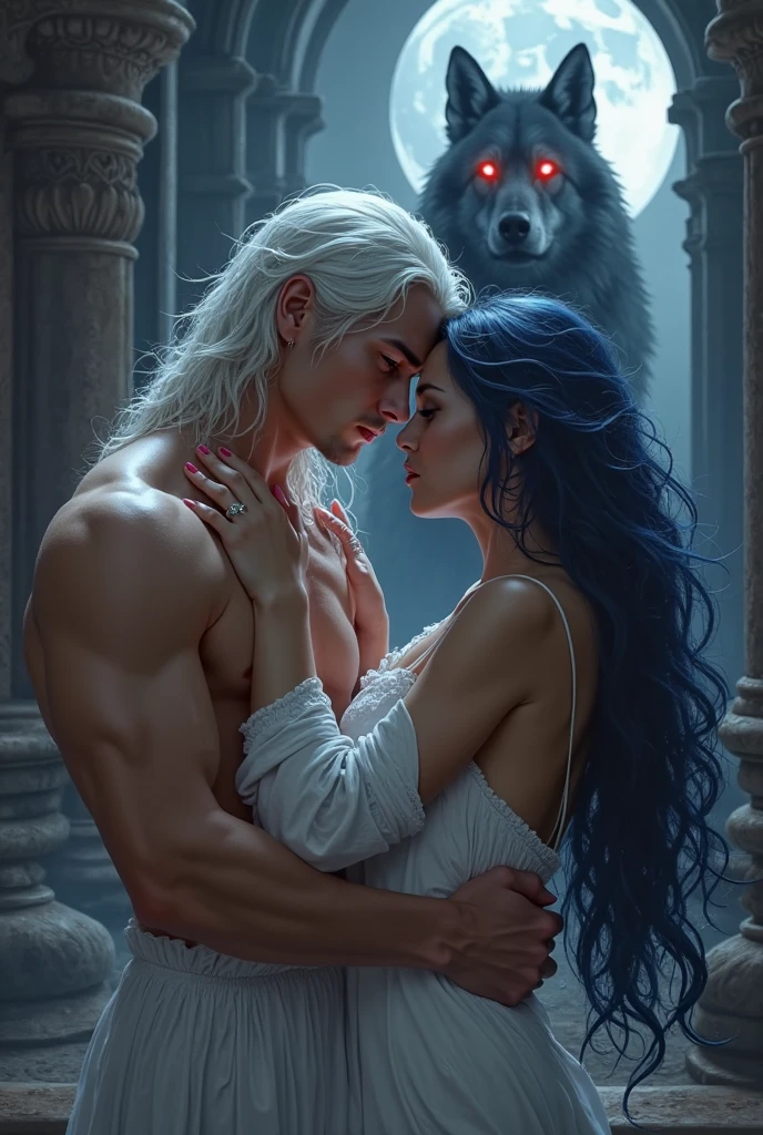 Here are the Stable Diffusion prompts for the two scenes you described:

a man with pale skin, white hair, red eyes, with characteristics of a white werewolf, wearing leather armor with grey wolf fur, muscular with tattoos on his torso, a white wolf tail and white wolf ears

a female water dragon with blue eyes, pale skin, aquatic ears, a sea dragon tail, wearing a light blue bordered dress, aquatic dragon horns, kissing the man, with a lake and pine forest in the background

(best quality, 4k, 8k, highres, masterpiece:1.2), ultra-detailed, (realistic, photorealistic, photo-realistic:1.37), detailed face, beautiful detailed eyes, beautiful detailed lips, extremely detailed eyes and face, long eyelashes, muscular male, white wolf ears, white wolf tail, leather armor, grey wolf fur, tattoos, water dragon, blue eyes, aquatic ears, sea dragon tail, light blue dress, aquatic dragon horns, couple kissing, lake, pine forest