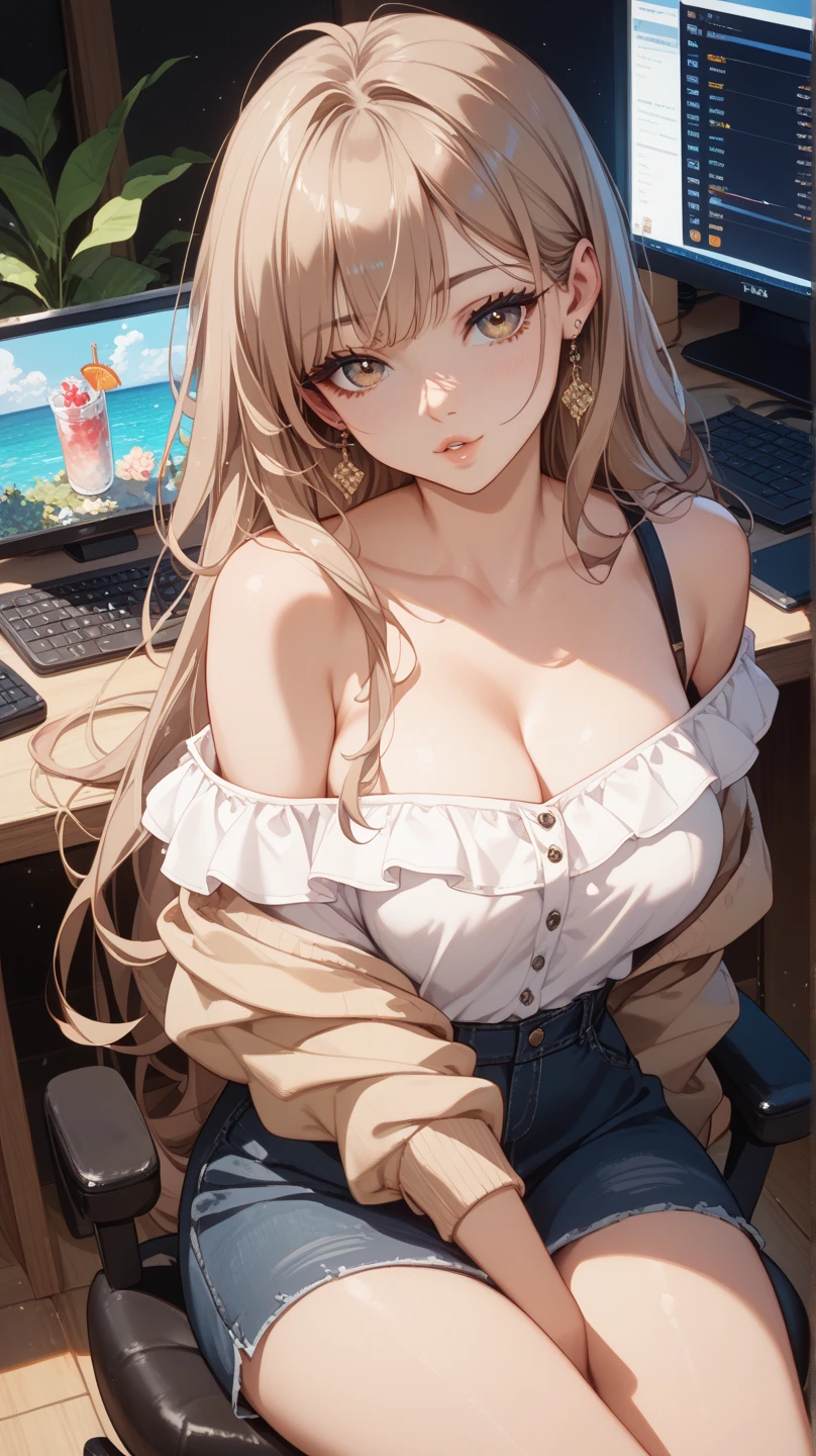 (masterpiece, best quality:1.3), 1 girl, solo, ager,(top quality eyes:1.3),Girl taking selfies、Camisole、Gaming Chair、Sitting、one&#39;s home、Gaming Room、I&#39;m laughing out loud、(Highest quality sparkling eyes)