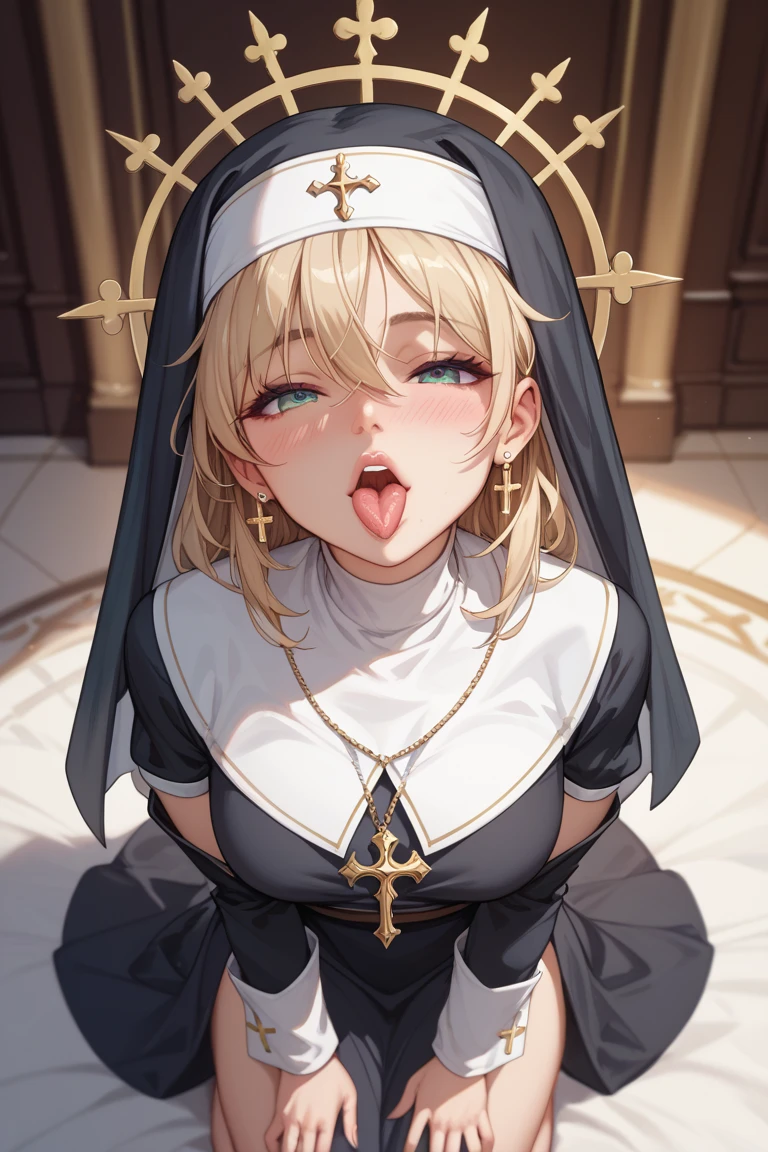 masterpiece, Highest quality, Official Art, Highly detailed CG Unity 8k wallpaper, Detailed Background, (Handcrafted by Guido Daniele), (Finger details), Mature Woman1, (Curvy), (Nuns), (standing in church), (Nuns gown:1.12), (Chest curtain:1.4), (Nuns skirt:1.11), (White Garter Straps Garter Belt:1.12), (Blonde long hair:1.12), (Hair intake:1.12), (Green Eyes:1.2), blush, (Loving smile, holy smile), ((Huge breasts:1.5、Sagging breasts:1.5、Long Breasts:1.3、sagging breast:1.5)), Tight waist, Shiny skin, (Cross Necklace), indoor, (Sacred Scene), (church:1.11), (Sunlight streaming through stained glass),Mature Woman、((sit、足を広げてsit))、Monastic Clothes、White panties、Photographed from diagonally in front、Confessional Pose、Clasp your hands in front of your chest、Close-up photo of the chest、naughty face、heavy breathing、breast focus、Provocative smile、handjob、Sticking out tongue、penisを手コキ、(3penis、penis)、両手でpenisを手こき、(Blowjob,fellatio)、((3本のpenis、片手ずつでpenisを手コキ))、Facial,((hair cum, licking penis, oral invitation、cum in mouth, bukkake)))