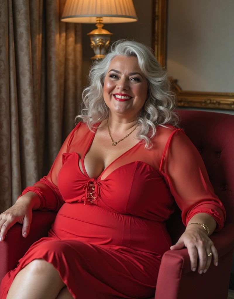 Overweight curvy 60 plus American stylish big body aged elder Women wearing mini cocktail dress with a fitted bodice and a flared skirt. Use luxurious fabrics like satin or silk, and add embellishments such as sequins or lace for a glamorous touch.

Lipstick long earnings 