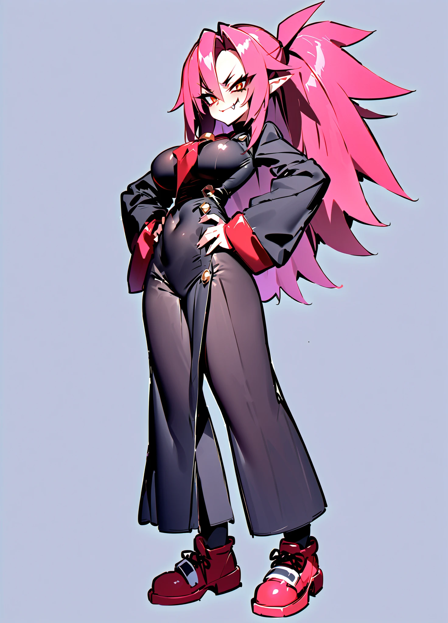 masterpiece,best quality,amazing quality, astylea, (zankuro:0.5),bangs,fang out,etna \(disgaea\),evil smile,simple background,full body,hand on own hip,