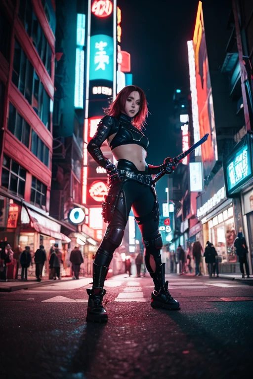 ((fisheye lens)), (1girl, solo, alone), a cyborg woman wearing a futuristic leotard standing in a GhostlyStyle cyberpunk city alley at dark night, darksynth aesthetic, red neons, atmospheric fog, large-breast:1.2 slim body, cleavage:1.1, (black sunglasses), (she raised a short-gun:1.8 and shot the viewer), dynamic pose, ((half-body thigh level medium shot)), cinematic lighting, lens flare, ray tracing.