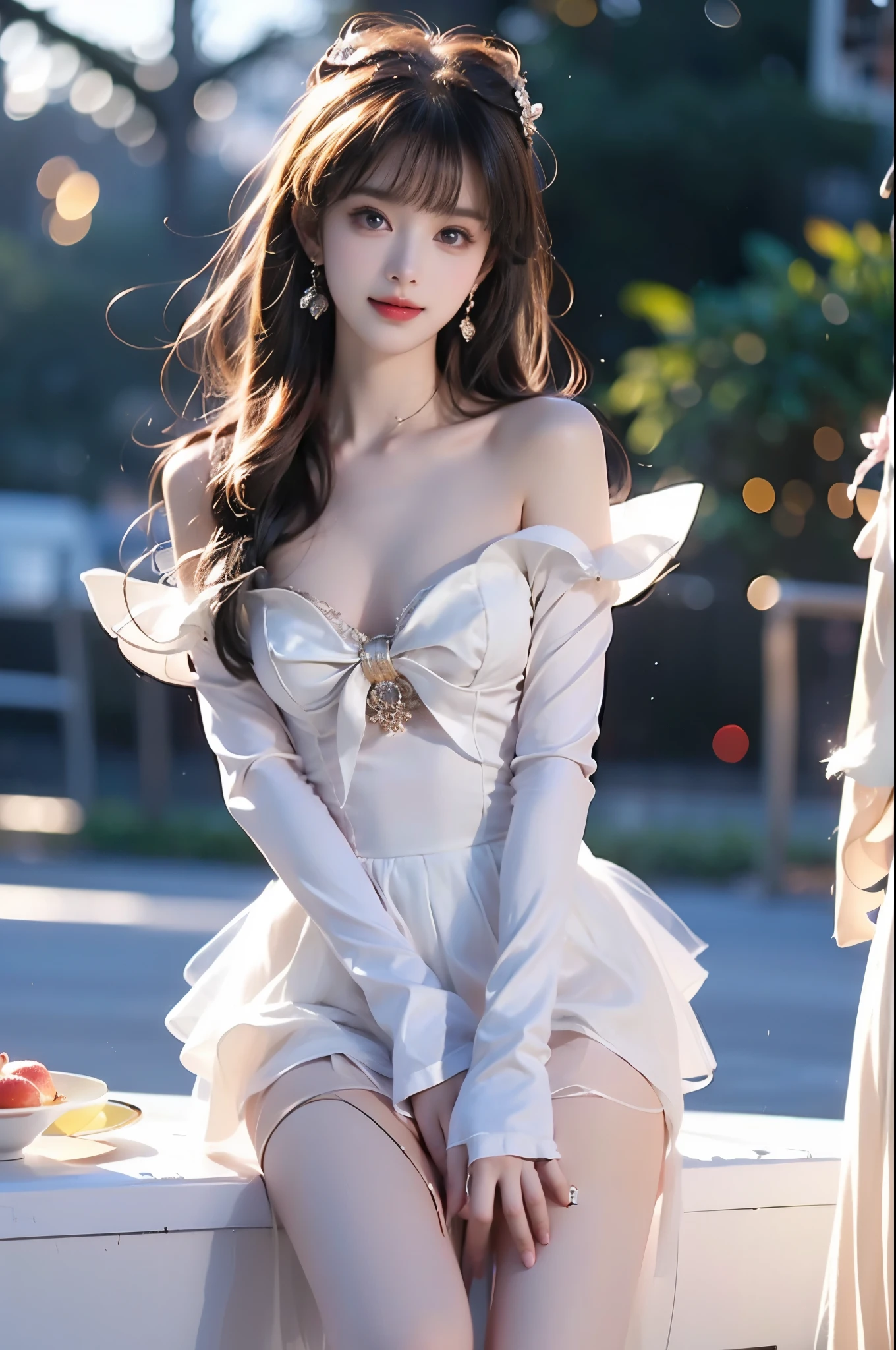 sangonomiya kokomi,hair ornament,white pantyhose,white half gloves,frilled sleeves,bow-shaped hair,bow,detached collar,sandals,white panties,1girl,solo,widesleeves,longhair,purple eyes ,,(Masterpiece, best quality, Super high, realistic: 1.3), realistic, beautiful young woman, (Standing posture), (Big bust, deep V-neck), (Very short hemline), (Supermodel: 1.2), (perfect leg shape: 1.3), model pose, one leg straight in front of you, the other leg naturally bent, elegant poses, random scenes, random shooting angles, (delicate smile: 1.1), (Depth of field: 1.3) 0.8), Bokeh: 0.8), aesthetic, romantic atmosphere, soft lighting, dreamlike, cinematic lighting, beautiful, gorgeous, intricate details, sharp focus
