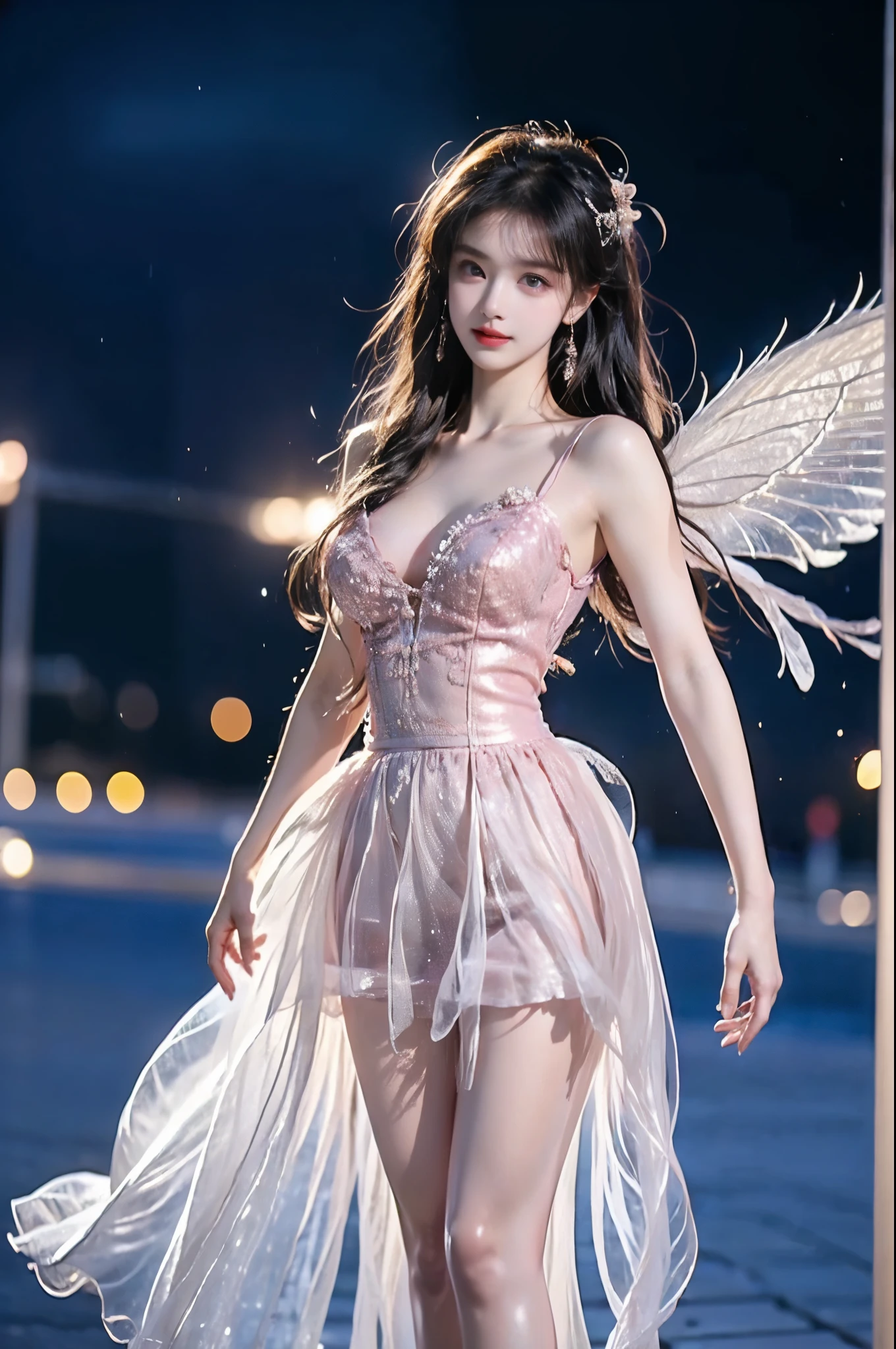 dress,wings,fairy,(quality improvement:1.4),1girl, Visible cleavage,Sexy long legs,The skirt is short,She gently lifted her skirt with one hand,Surrounded by white Phalaenopsis orchids,Lilac dendrobium、White Lily, Flying petals,(Top quality leather), Delicate face,Black Hair, Gradient hair, Body,(Body1.1), He has a precious gem on his forehead., Shining Student,Long eyelashes,Smile, Surrealism, Movie Lighting, Projection Insertion, Surrealism, Ultra HD, masterpiece,lie,Keep dreaming,Open your legs slightly.,Tattoo,Fantasy Space,Luxurious space,Exquisite makeup,Blush,Shy expression