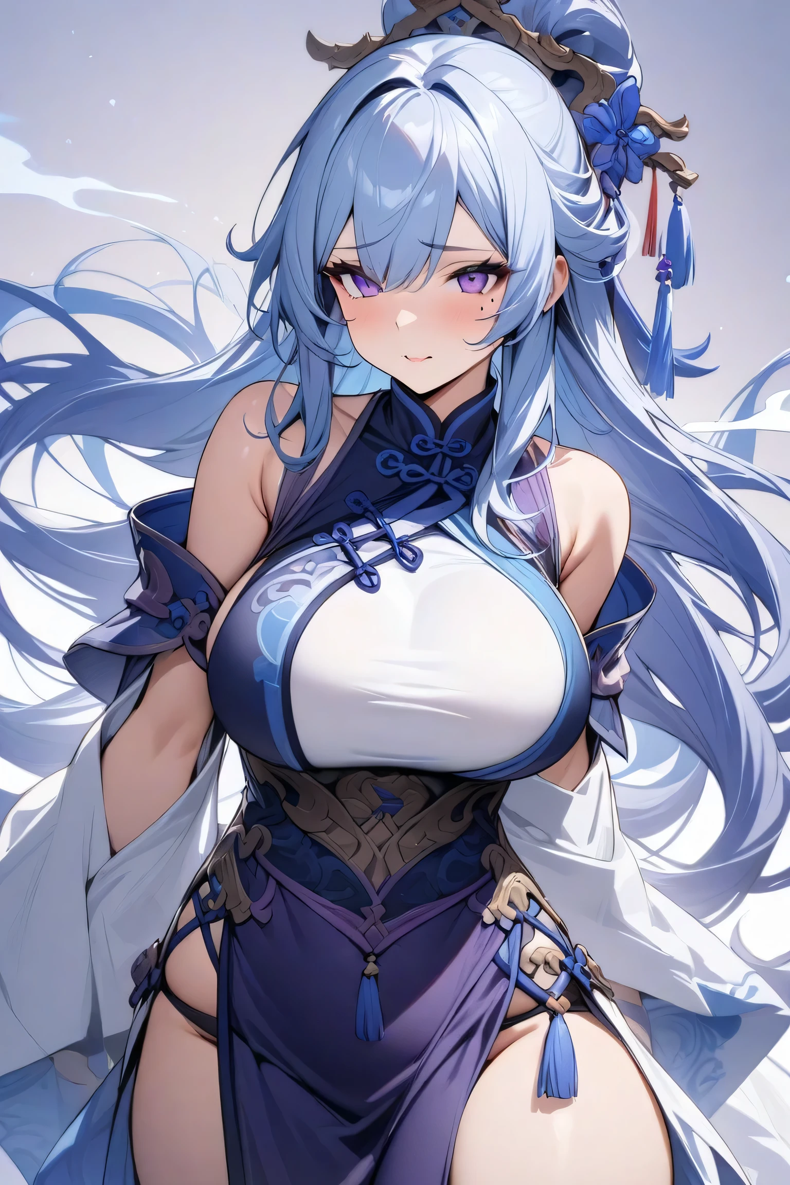 4k,hight resolution,One Woman,Bright blue hair,Short ponytail,Huge breasts,Priestess Non-traditional priestess,Long white kimono,Black inner shirt,Pearl decoration,Seashell Necklace,Seashell piercing,jewel decorations,Undersea background,Underwater background