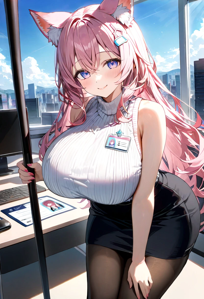 ((tmasterpiece,Need)),(1girl),((A MILF)),Light pink hair,big-areola,horn,((office lady)),By bangs,huge tit,(plumw),slim,ssmile,[Soaked clothes],office,standing, aru \(blue archive\),nakeness