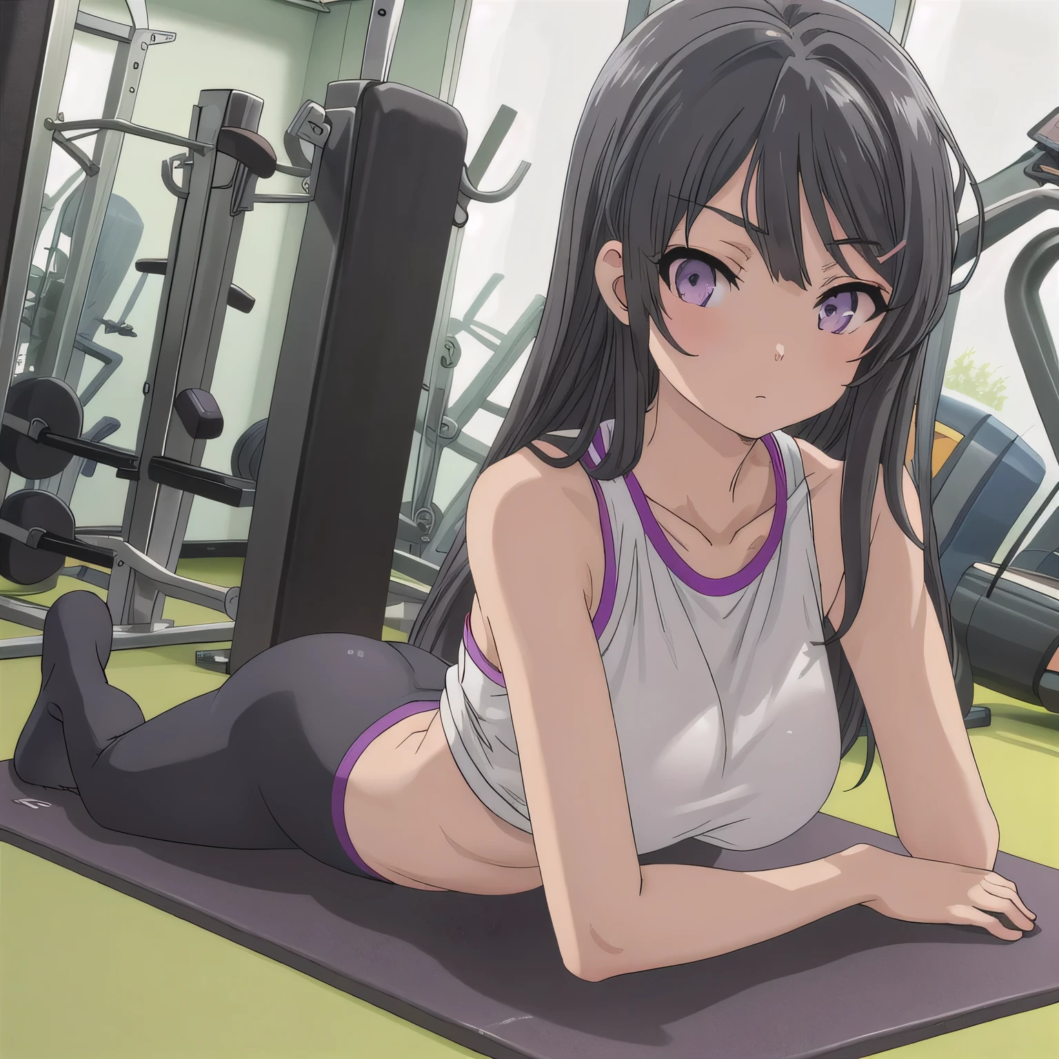 A person doing a plank exercise on a mat in a fitness gym, minimal equipment, bright interior. Long hair, black hair, purple eyes.