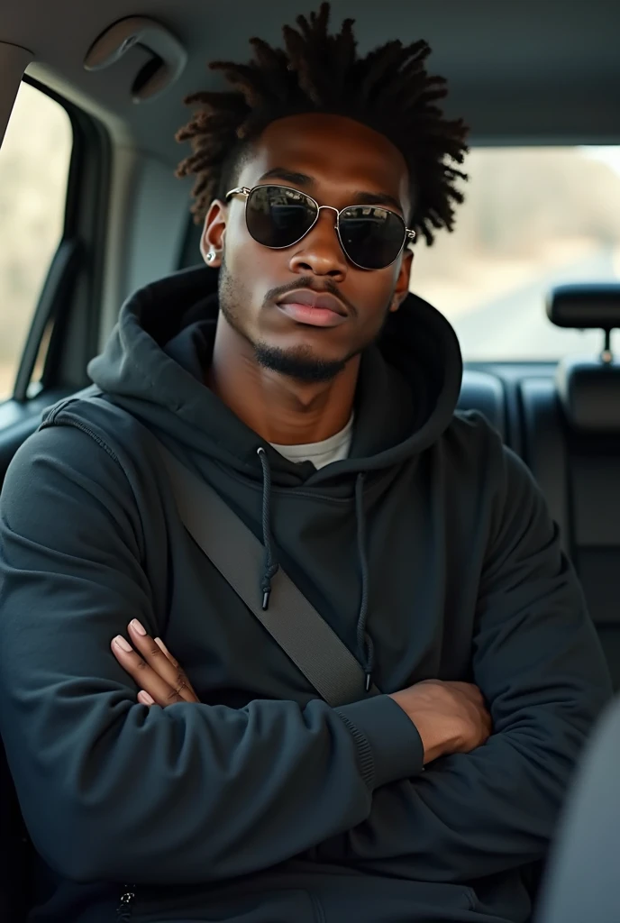 best qualityer:1.4), (ultra high resolution:1.2), (photorrealistic:1.4), (8k, CRU photo:1.2), 1 young black man, 20 years old. he is wearing a white shirt, gray puffer coat on top. He is wearing black jeans. Corte de cabelo buzzcut. He&#39;s wearing a gray cap backwards. He&#39;s wearing black sneakers. He is sitting in the back seat of the car. Corte de cabelo buzzcut. thin build. It&#39;s not blurry in the background. thin build. thin build. has 1.75 tall. There is a sun . best qualityer:1.4), (ultra high resolution:1.2), (photorrealistic:1.4), (8k, CRU photo:1.2), 1.75 tall. He is wearing a brown scarf. There is a young man next to him, is wearing a black sweatshirt, He&#39;s wearing light jeans, has light brown hair. thin build