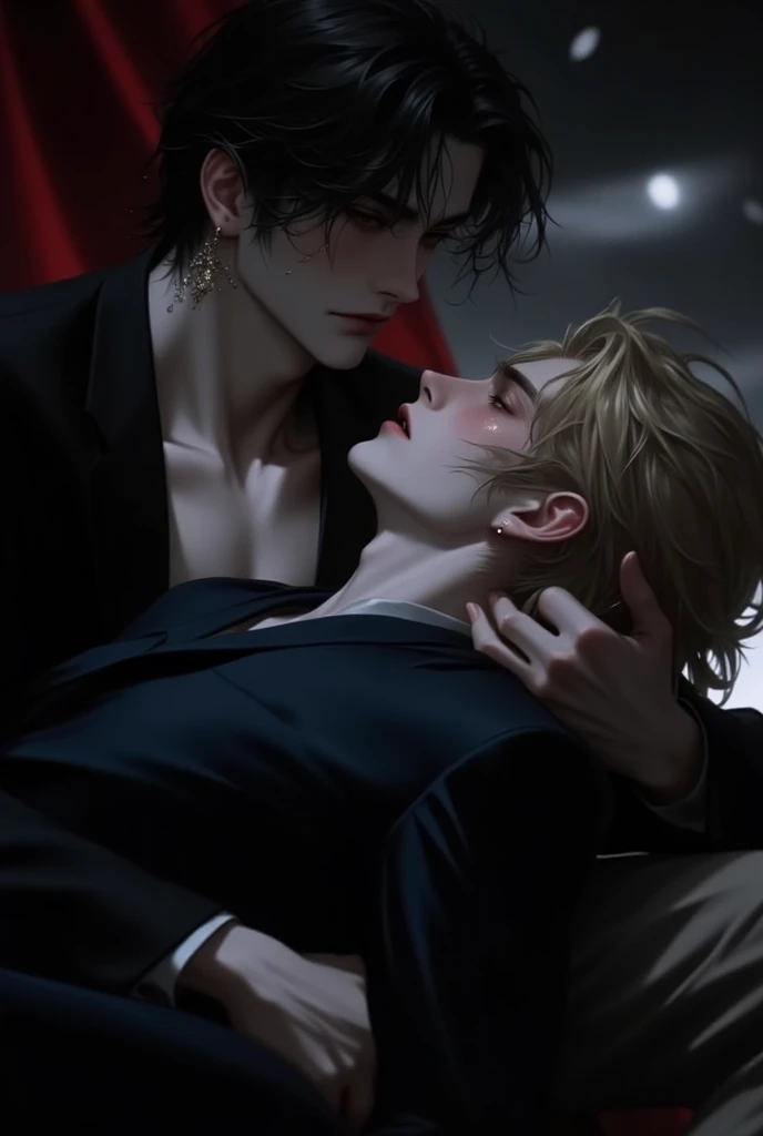gay、Blonde man and dark-haired man、White、Muscular 、whole body、Sculpture-like、Back view、Sit down、smile、Gazing at each other、Embarrassing、hug、like、Movie stills、painful、evening、beautiful、Painting、Looking down from above
