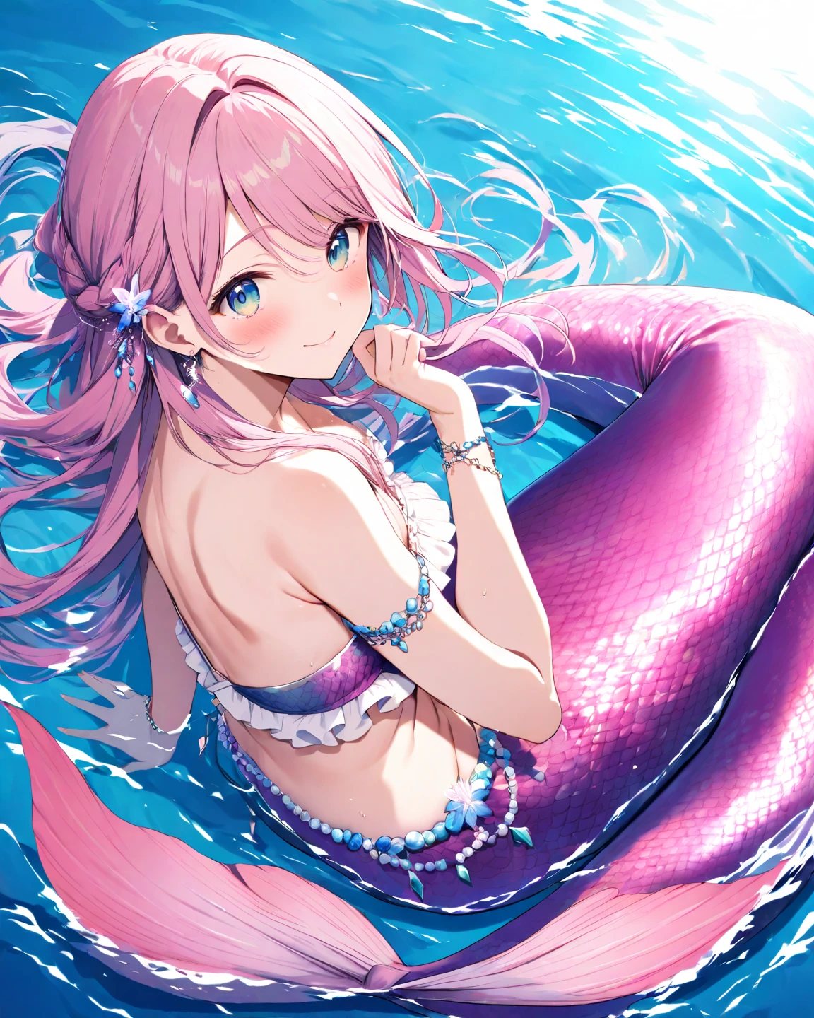 Mermaid，Mermaid，Mermaid Girl，Mermaid Tail，Bodysuit style，Scale style，Underwater background，Underwater background，Undersea background，Coral shell background，Seawater background，Pink and purple scales，Pink，end，I have end on me.，Girl with fish tail，Pink and purple，Powder blue scales，cute，cute，cute，Crown