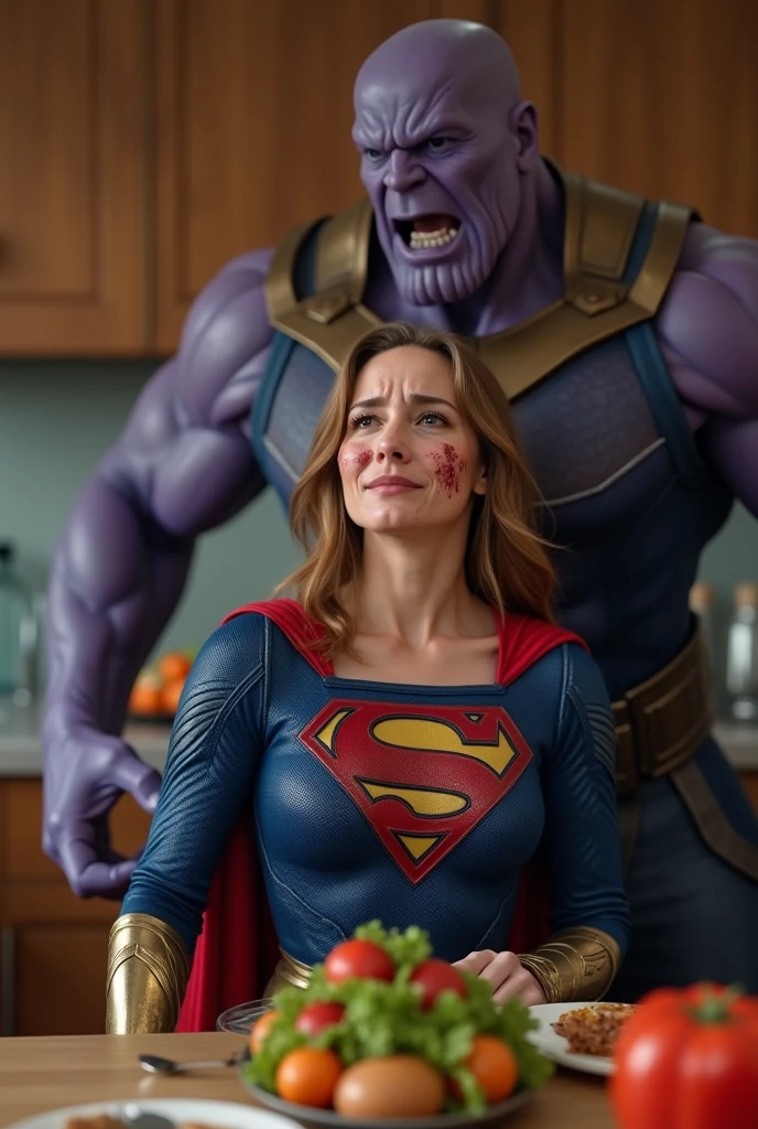 In a dimly lit room, Thanos, a large and imposing figure with a grim expression, is standing close to Natasha Romanov, a young woman with red hair. Natasha is leaning against a cold stone wall, her shirt slightly lifted to expose her bare abdomen. Thanos has his large hand placed firmly on her abdomen, with his palm fully resting on her skin. Natasha’s face reflects a mix of resignation and discomfort as she stands against the wall. The atmosphere is tense, with the shadows in the room emphasizing the unsettling and overpowering nature of the scene.