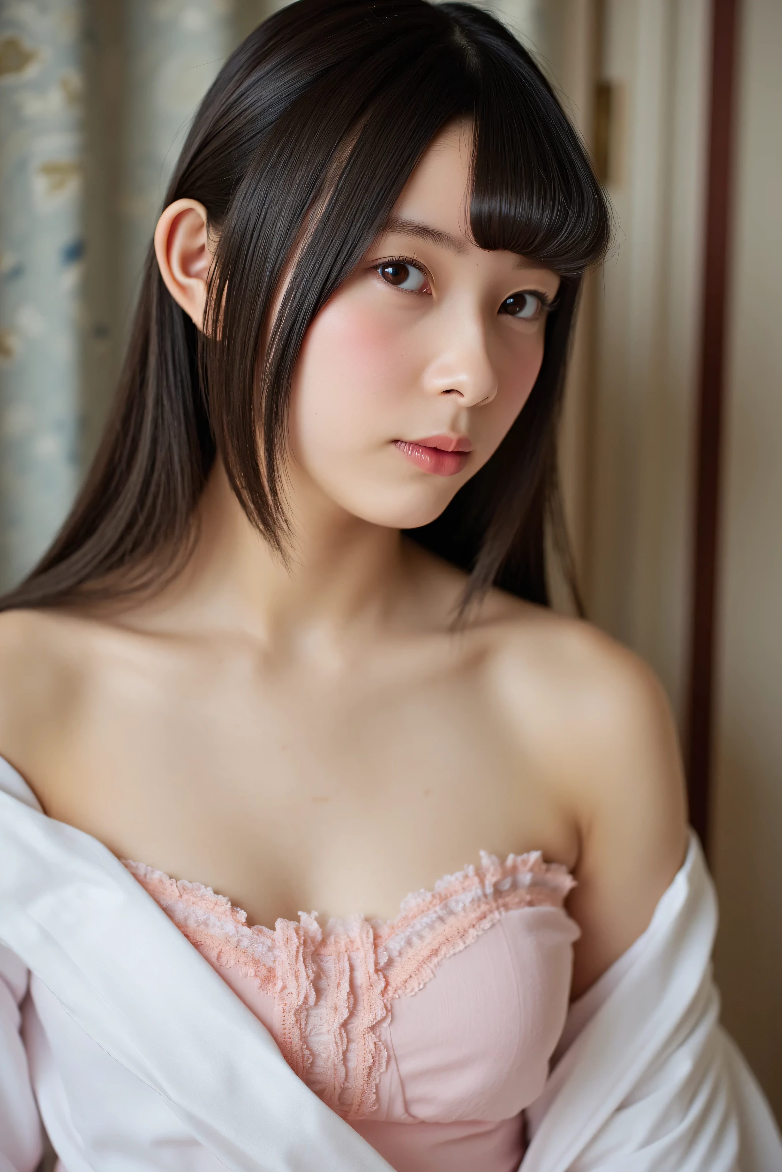 (Best-quality, Masterpiece, Ultra-High-Resolution, (Photorealistic:1.4), Raw Photo, depth of field, professional lighting, perfect anatomy, extremely details), (1girl, 15-years-old, the most famous Japanese idol), (((extremely excited))), wearing light-pink casual-dress with cute-design, looking at viewer, ((((extremely beautiful and extremely realistic skins)))), (((extremely cute face like the most popular Japanese idol)), (((extremely cute and extremely big black-eyes))), (extremely beautiful black-long-hair), (extremely cute long-eyelashes), (extremely cute lips))