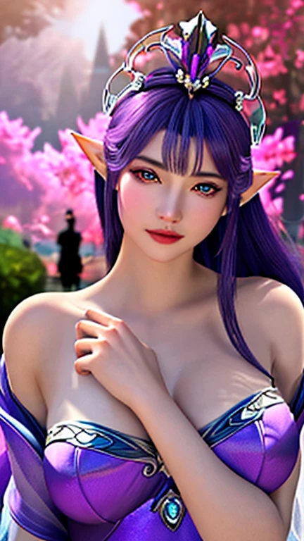 realistic, 1girl, purple hair with bangs, beautiful eyes, busty, huge breasts, crop top, pencil skirt, parted lips, blush, night, flowers, elf ears