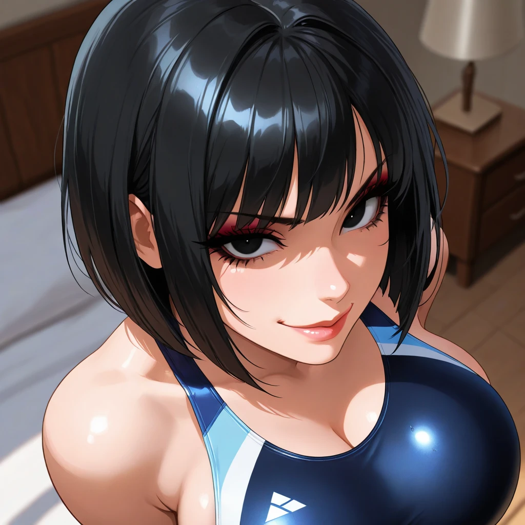 Inside the sports gym,inside the dance studio,((face close up1.8)),One girl,sweat,dark skin color,short black hair,seductive smile,high-neck-leotard,bodysuit.