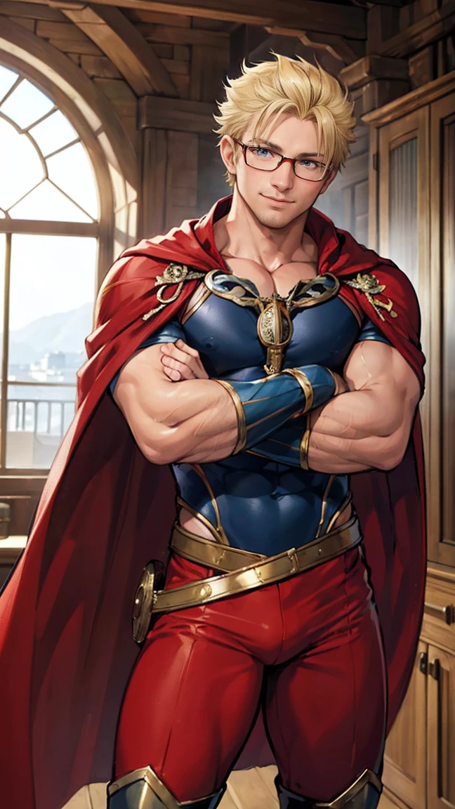 a mage shaping two spirals of red and blue magic around himself. He is an absolute muscle adonis, teenager 16 years old short blond hair. Obscenely wide shoulders and traps. Very defined ‘V’ body shape with a narrow waist. Well defined six pack. Long, flowing cape