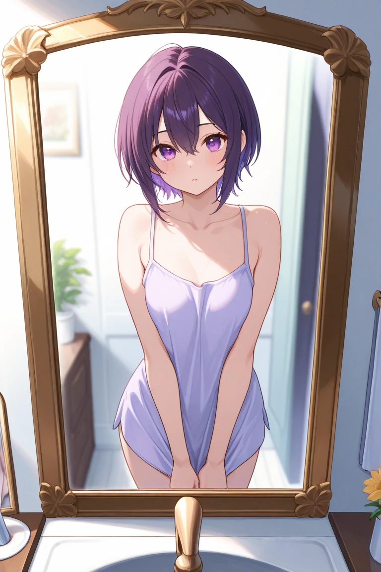 a 2 girl, short purple hair, blue eyes, She is wearing a white bikini, She is in the locker room, crouched looking through a small hole in the wall.