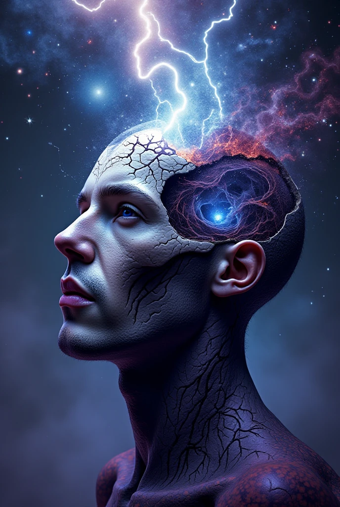 Create an image of space with the main colors being purple and galaxy pink, that has depth and vibration, with many stars and a galaxy in the middle forming a brain shape and information coming out of the middle of the brain (the image must be the size of a book cover)