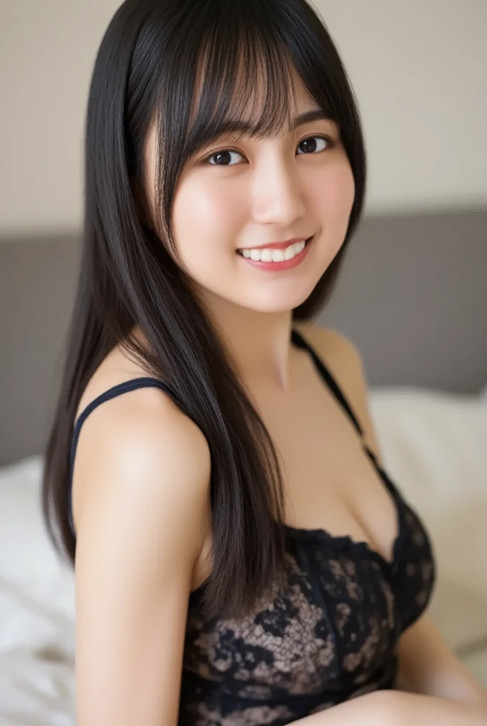 (8k, RAW Photos,highest quality, High resolution:1.1), (Ultra-realistic:1.4),(Realistic, Realistic:1.3), ((whole body)),Realistic Face,Realistic Body,Realistic Skin,masterpiece,(cute:1.8), Cuties, alone, (big:1.2), Detailed black eyes,Innocent eyes,(See-through lingerie ),((Medium Hair:1.1)),Cherry colored lips,close,Look Viewer,Long Hair,Open lips,Upper teeth, (Smiling Eyes:0.6),((Grin:1.2)), Blurred Background, Eye focus , young, 85mm lens, young,Portraiture,Radio City,Physically Based Rendering,Asian,