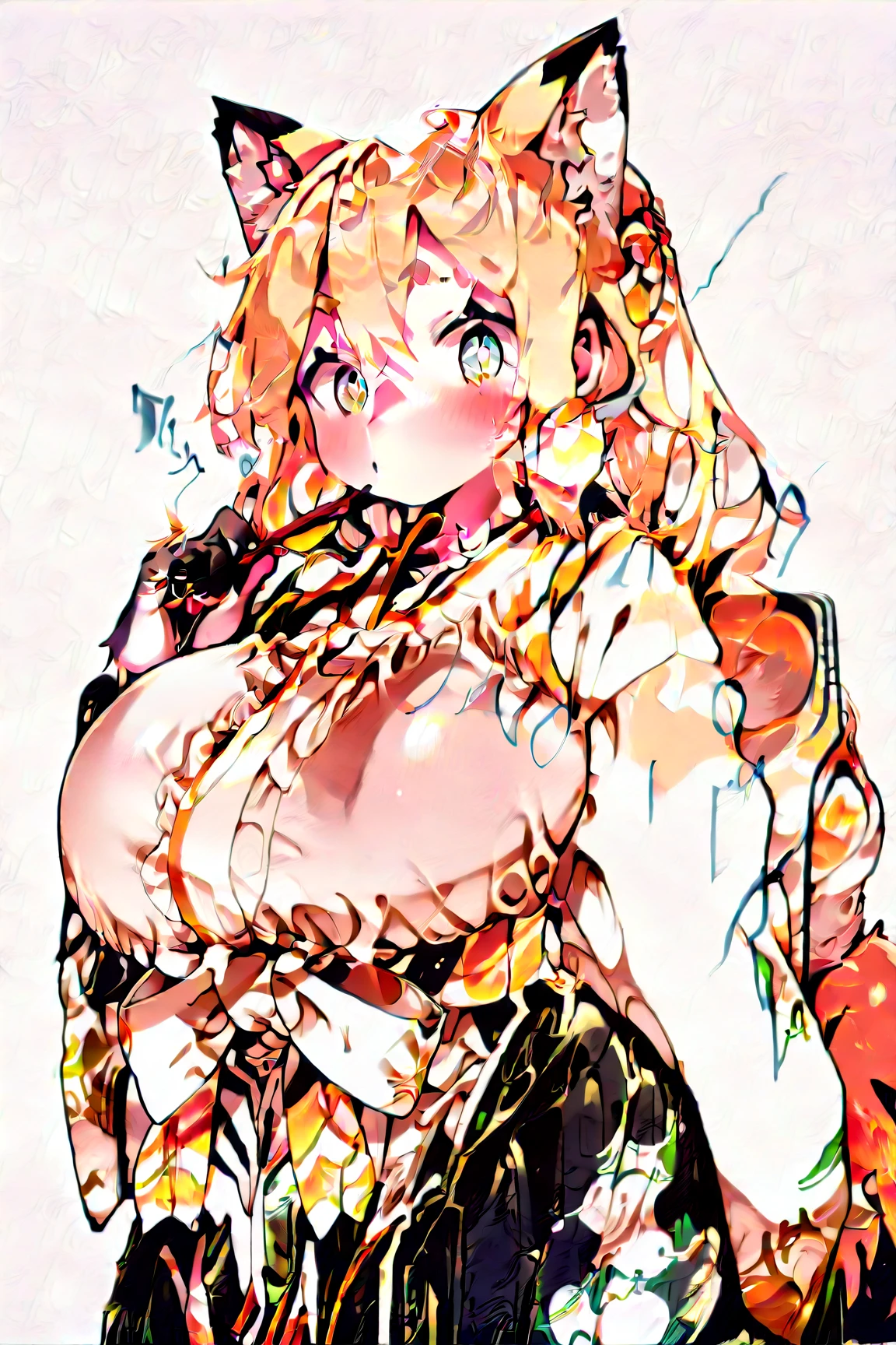 (masterpiece, best quality), best quality, (ultra-detailed), (3heads:1.5), 1girl, (eika ebisu:1.3), masterpiece, best quality, ultra quality, ultra resolution, ultra detail, white top, crop top, ((stomach)), midriff, ((groin)), white skirt, normal ears, shackles, light yellow hair, very long hair, wavy hair, sidelocks, red eyes, parted lips, sweat, cute, toned belly, hand on own chest, eyelashes, (23 year old woman:1.3), (masterpiece:1.5), (best quality:1.5), (beautiful detailed, extremely detailed CG, extremely delicate and beautiful, depth of field, (finely detailed face), (perfect details:1.3), (mature female:1.3), wide pelvis, slender, large veiny breast, 16k resolution, highres, high quality, high definition, extremely detailed, masterpiece, blonde hair, long hair, alluring presence, braid, short skirt, close up, very big tits, huge tits, young, hair visually resemble a jellyfish, red polka dots near the hems, red frills, and thin red tassels trailing off, cowboy shot,
