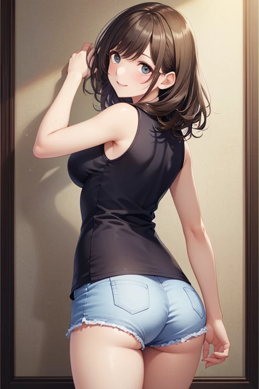 8k, High resolution, Highly detailed face, masterpiece, Highest quality、Thighs、Short Hairstyles、Twin ponytail hairstyle、A short 12-year-old junior high school student、beautiful girl, T-Shirts:1.2、Tight Skirt、She turned her back on me.、From the back:1.2、White Short Socks、Low angle shot、