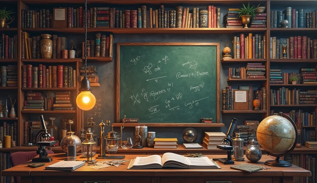 A cozy and intellectual science-themed studio background inspired by ...