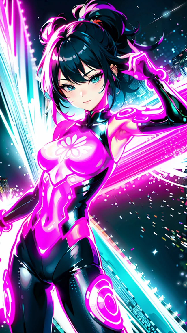 (highest quality、4k、8K、High resolution、masterpiece:1.2)、Super detailed、(anime style、realistic:1.37)、girl wearing neon clothes、neon light、bright colors、Shining atmosphere、futuristic fashion、shiny fabric、neon sign、lively streetscape、confident pose、vibrant energy、nightlife feeling、 dynamic movement、creative patterns、Intense saturation、edgy style、kaleidoscope reflection、Fashion Forward、fluorescent light