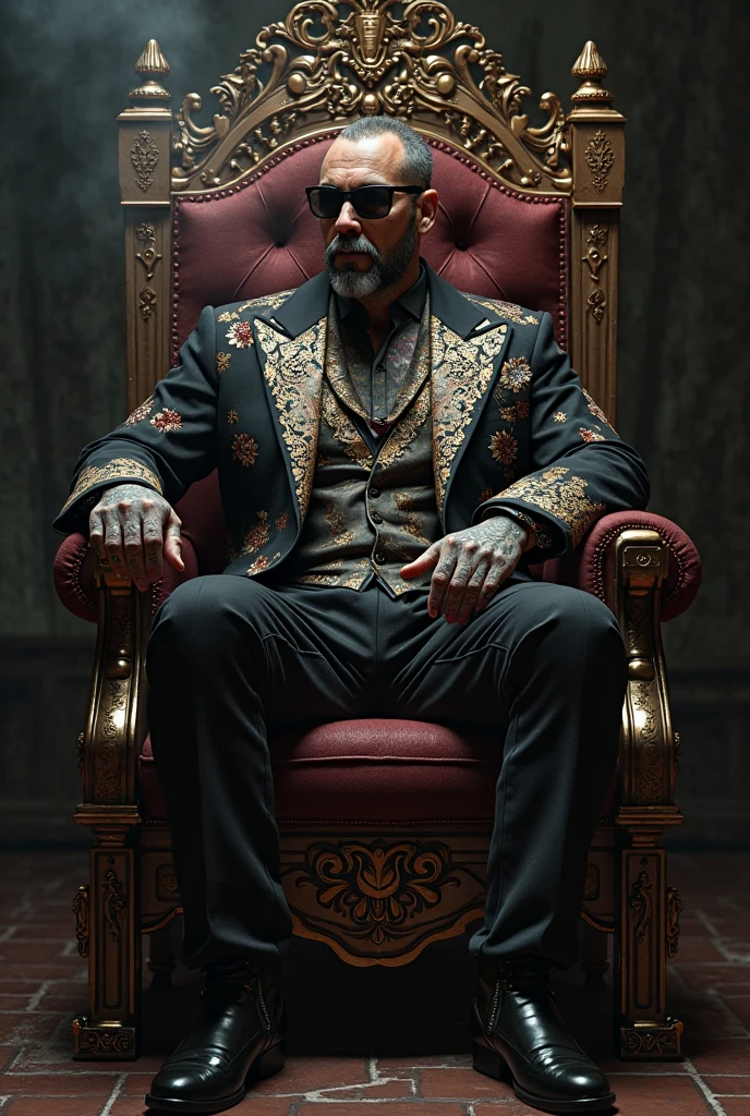 A shirtless guy covered in diamond chains all tattooed on a devil-like throne being the bad guy in all the Pixar movies