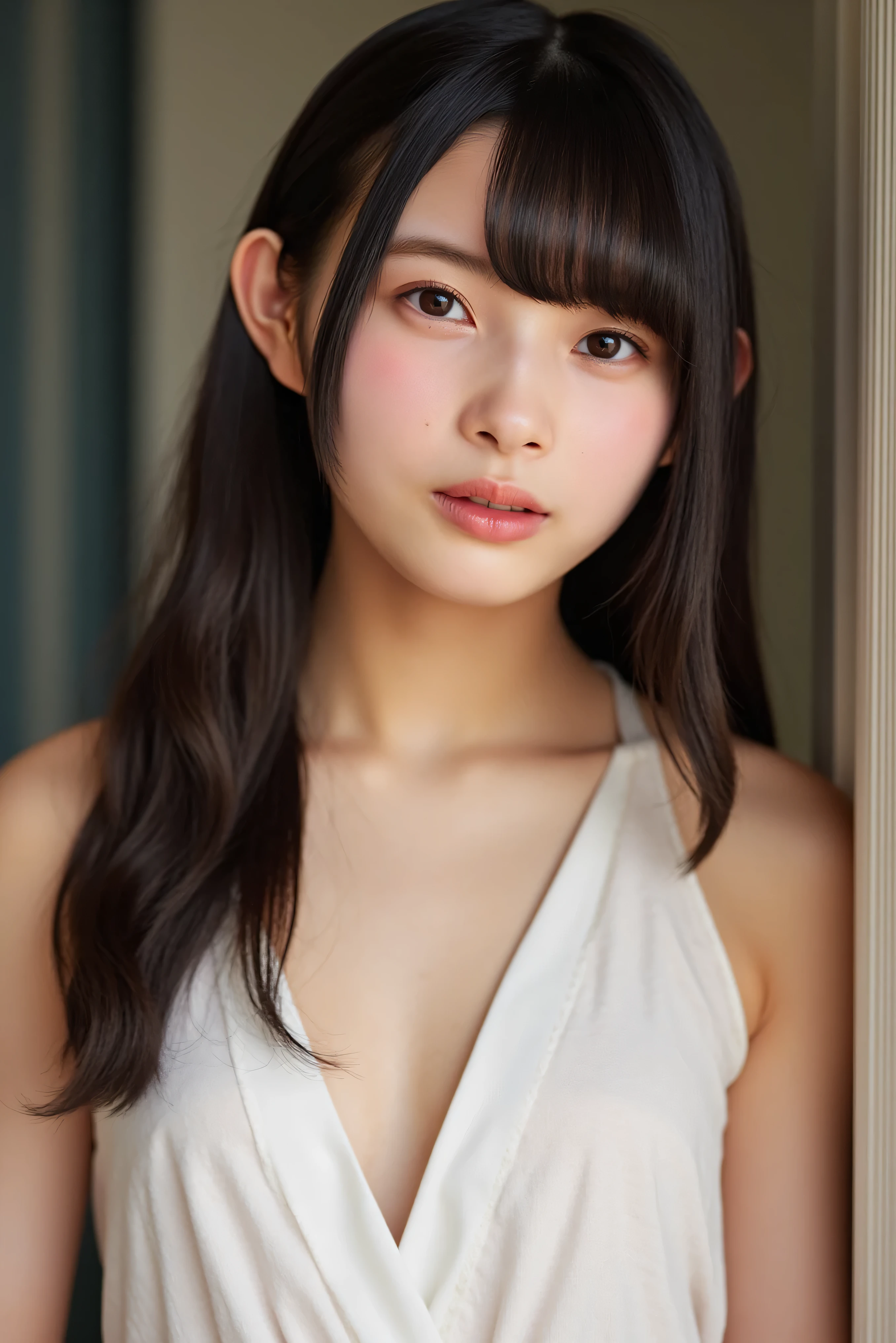 beautiful girl; (brown hair,  with nice details ); (honey-colored eyes, pretty eyes, long eyelashes and slim cute eyebrows, plump lips, Cupid and heart-shaped lips,  pretty lips in pink tones ); (pinkish white skin; freckles and moles all over the body); (cute makeup in pink tones); (Detailed Body, Slim midsection; [Big Breasts, pieces of long breasts, Nice breasts, prune neckline]; ( white robe, Robe attached to the body, with a sexy robe,  No Bra; sexy, with pretty details and sexy); angle from below against panties 