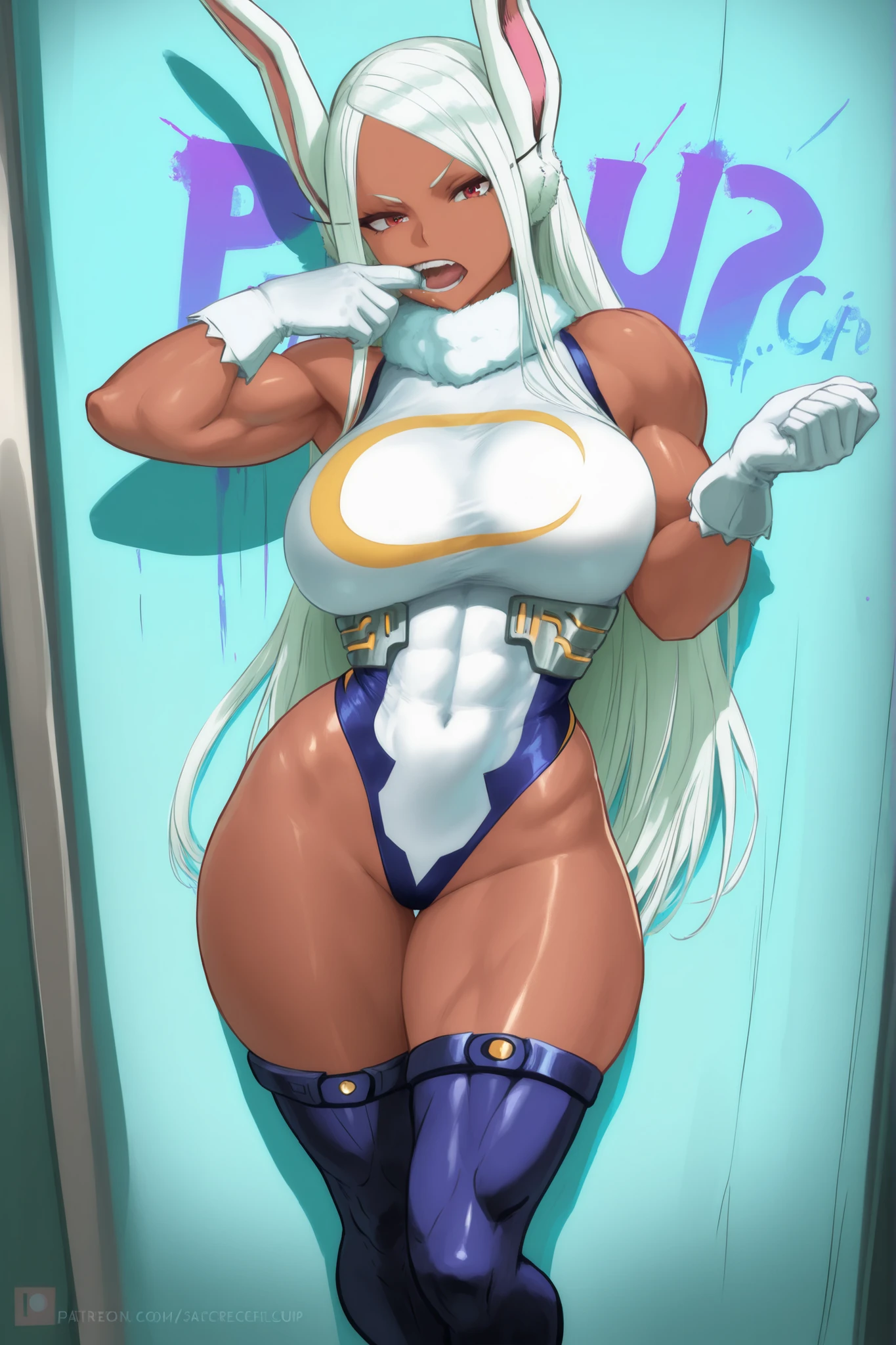 (Very detailed,Highest quality,4K,8K,High resolution,masterpiece:1.2),(Perfect hands,Perfect Legs),(Realistic,photoRealistic,photo-Realistic:1.37),One Woman, Calm,Gray Hair, Long-haired ,Long Hair,Straight hair, Bunny ears ,((Bunny ears )), ((Brown Skin , Dark Skin)),Brown Skin,Droopy eyes,Glaring eyes,Scary smile,Invincible Smile, Strong smile, expensive,((white leotard clothes,Sleeveless,Shoulder out,turtleneck)),白のSleeveless,Beautiful Face,
Beautifully detailed sweat glands,Smooth skin texture,Carefully drawn,
I'looking forward to it,Beautiful Faceの絵,((Ezvian Everywhere,Are standing,Cowboy Shot)),((Depiction of a rabbit from ears to feet)),Ezvian Everywhere,Are standing,(Big Breasts),Sticky with sweat,
My Hero Academia,Outdoor,Dark Sky,