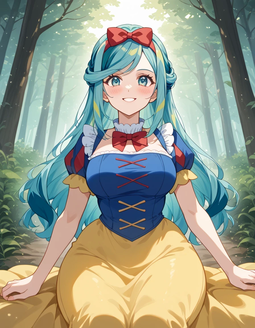 score 9 、score 8 up、score 7 up、masterpiece、top quality、high resolution、anime coloring、、1woman、Pokemon grusha 、solo、long hair、aqua eyes、Blue Hair、 green hair、aqua hair、multicolored hair、hair bun、eyelash、half up hair、Big Breasts、EXTRA BIG BREASTS、、snow white cosplay、snow white (disney) (cosplay)、cosplay、red head bow、dress、puffy and slash sleeves、puffy short sleeves、white collar、puffy sleeves、red bowtie、light blue short sleeves、yellow sleeve hem、yellow skirt、navy blue dress、forest、is sitting、smile、blush、looking at viewer、cowboy shot、