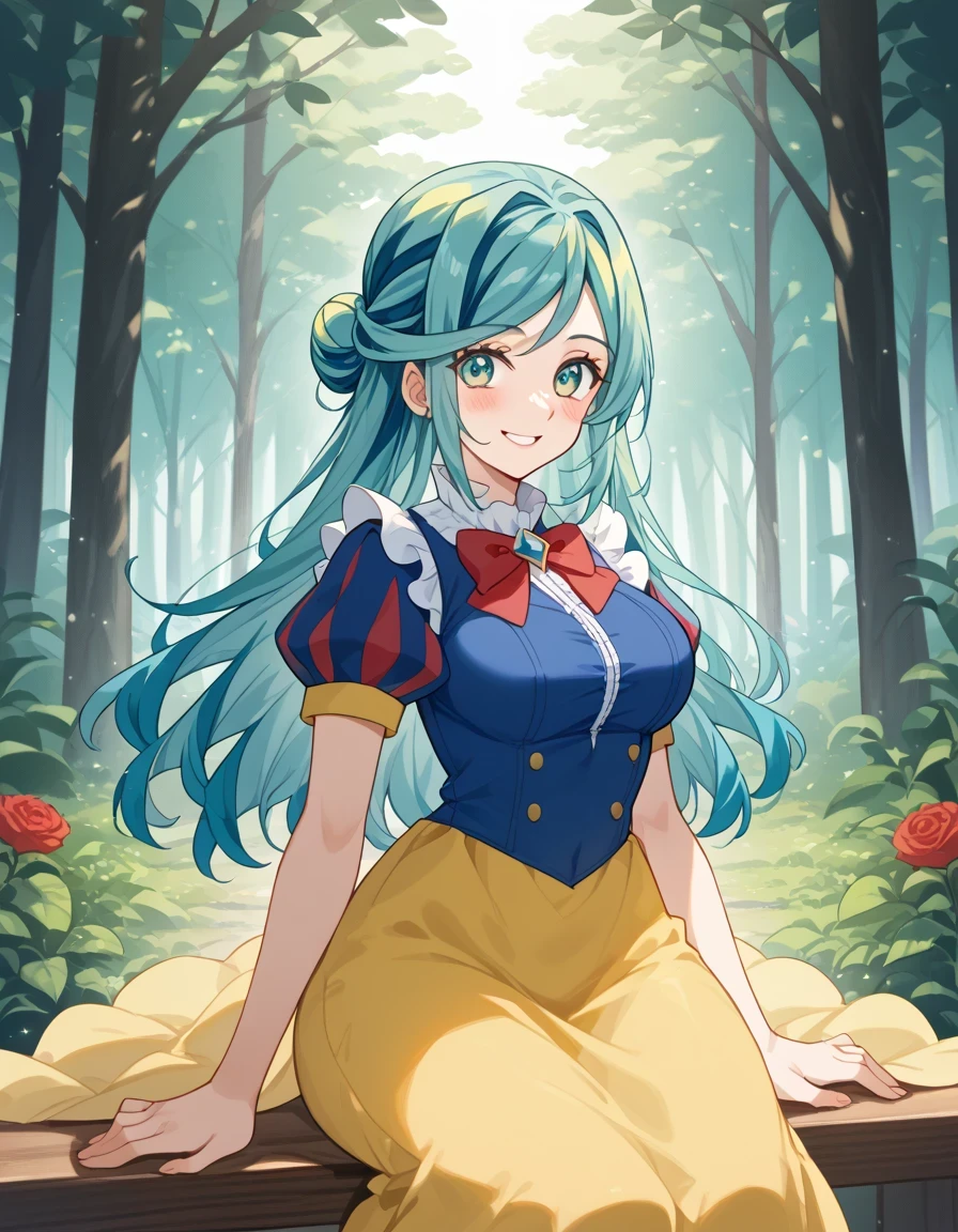 score 9 、score 8 up、score 7 up、masterpiece、top quality、high resolution、anime coloring、、1woman、Pokemon grusha 、solo、long hair、aqua eyes、Blue Hair、 green hair、aqua hair、multicolored hair、hair bun、eyelash、half up hair、Big Breasts、EXTRA BIG BREASTS、、snow white cosplay、snow white (disney) (cosplay)、cosplay、red head bow、dress、puffy and slash sleeves、puffy short sleeves、white collar、puffy sleeves、red bowtie、light blue short sleeves、yellow sleeve hem、yellow skirt、navy blue dress、forest、is sitting、smile、blush、looking at viewer、cowboy shot、