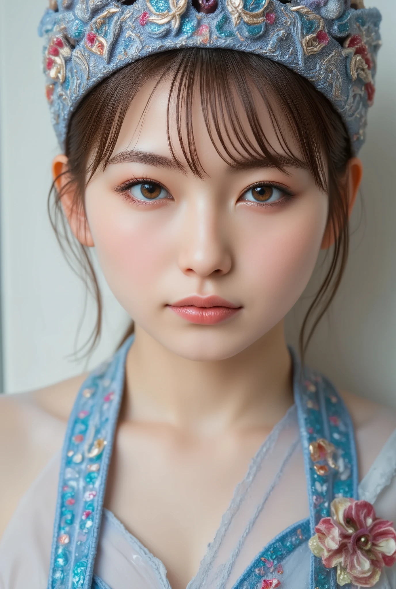 128k Female Models , Huge breasts, Eyes, ((Random short hairstyles)), High resolution , Upper body, No background, Studio Lightning , Beautiful blonde woman, with wax dress melting and dripping down the body (masterpiece: 1.2), (best quality), 4k, ultra-detailed, (dynamic composition: 1.4), highly detailed, colorful details, (iridescent colors: 1.2), (bright lighting, atmospheric lighting), dreamy, magical, (solo: 1.2)
((Candy Blue Shiny Metal Satin, Pink bow tie and bold satin shirt))
randam angle ((upper body))A fusion of Ainu traditional attire, and Gothic ta fashion, featuring a whimsical blend of intricate embroidery, lace, and Victorian-inspired elements,
Clothing that has deteriorated over time, The outfit consists of a robe-like garment called an 'attush' made from intricately woven fabric, adorned with intricate geometric patterns. She also wears a 'kaparamip' headband with decorative embroidery. The clothing is rich in earthy tones like browns, reds, and green cute and dark charm of wearing hyper puffy blue。lightly dressed、Mass sweat、suns、Hot、Light brown eyes、1girll、Innocence、(Photorealsitic)、(intricate detailes:1.2)、(masterpiece、:1.3)、(top-quality:1.4)、(超A high resolution:1.2)、超A high resolution、(A detailed eye)、(detailed facial features)、nffsw、8K resolution、(lensflare:0.7)、LATEX Busy with inspection reports、Face Buyer ((Clear Glossy Molded Clear Plastic Catsuit,latexsuit