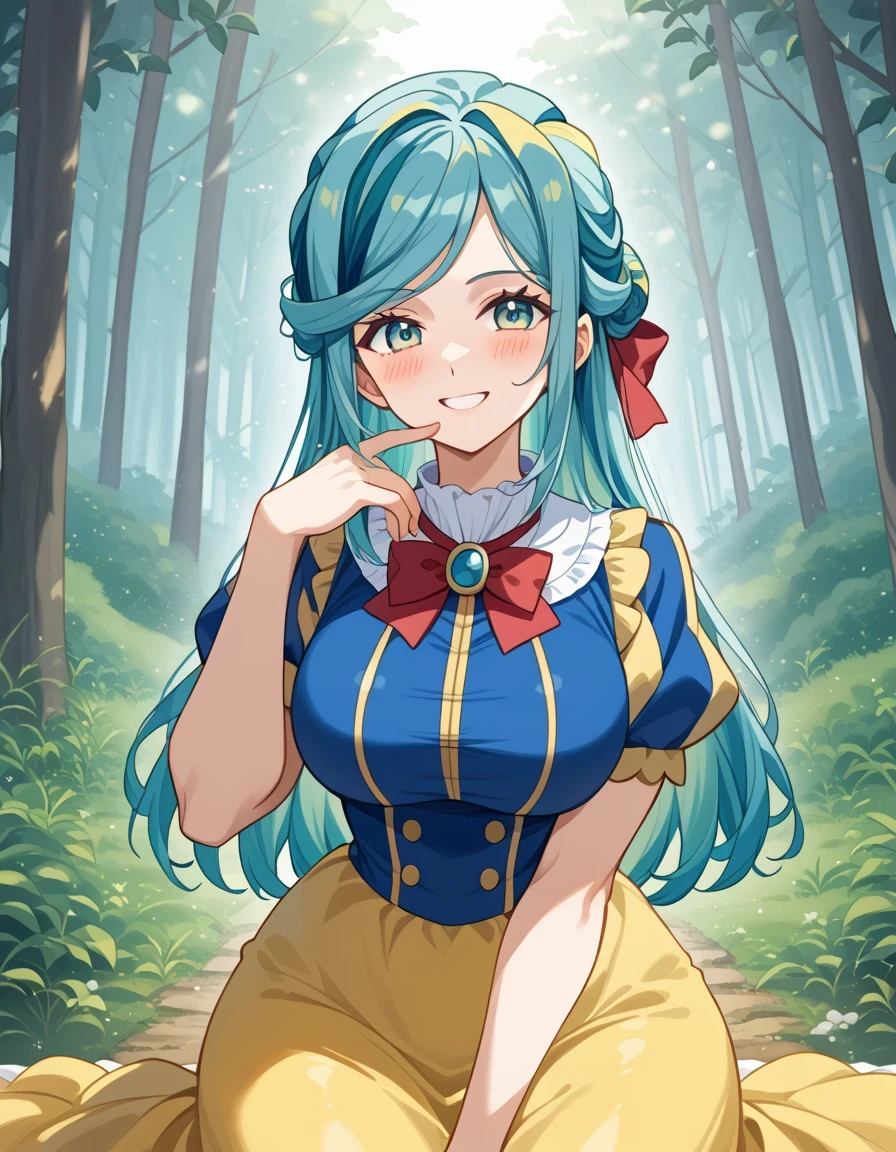 score 9 、score 8 up、score 7 up、masterpiece、top quality、high resolution、anime coloring、、1woman、Pokemon grusha 、solo、long hair、aqua eyes、Blue Hair、 green hair、aqua hair、multicolored hair、hair bun、eyelash、half up hair、Big Breasts、EXTRA BIG BREASTS、、snow white cosplay、snow white (disney) (cosplay)、cosplay、red head bow、dress、puffy and slash sleeves、puffy short sleeves、white collar、puffy sleeves、red bowtie、light blue short sleeves、yellow sleeve hem、yellow skirt、navy blue dress、forest、is sitting、smile、blush、looking at viewer、cowboy shot、