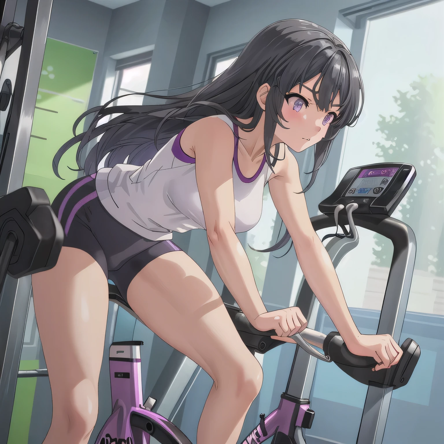 A fitness gym, a person training on a stationary bike, side view, bright morning sunlight through large windows. Long hair, black hair, purple eyes.
