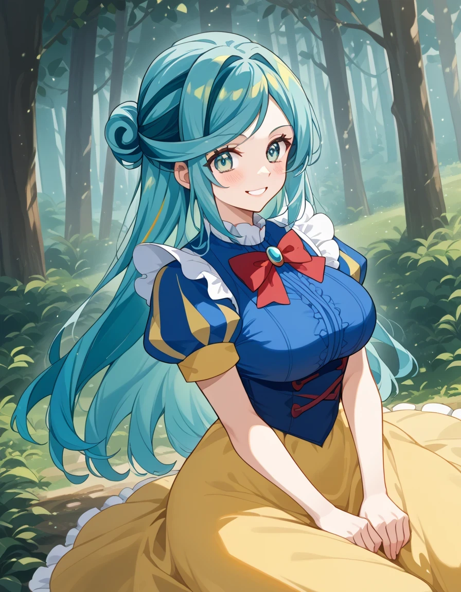 score 9 、score 8 up、score 7 up、masterpiece、top quality、high resolution、anime coloring、、1woman、Pokemon grusha 、solo、long hair、aqua eyes、Blue Hair、 green hair、aqua hair、multicolored hair、hair bun、eyelash、half up hair、Big Breasts、EXTRA BIG BREASTS、、snow white cosplay、snow white (disney) (cosplay)、cosplay、red head bow、dress、puffy and slash sleeves、puffy short sleeves、white collar、puffy sleeves、red bowtie、light blue short sleeves、yellow sleeve hem、yellow skirt、navy blue dress、forest、is sitting、smile、blush、looking at viewer、cowboy shot、