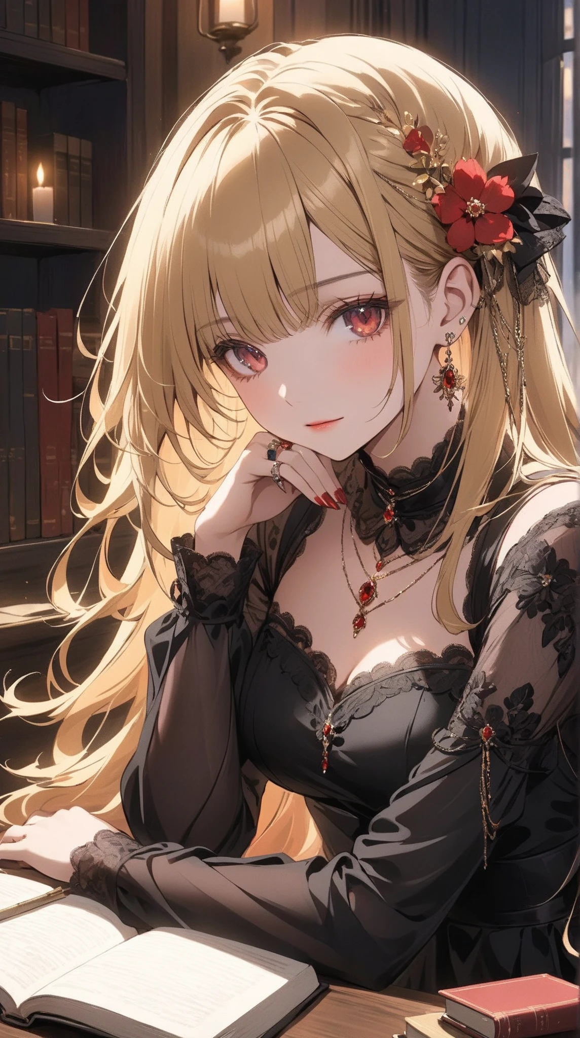 (masterpiece),(highest quality:1.2),((Perfect Anatomy)),(Perfect Fingers:1.3),(1 girl),(Flat Chest),highest quality,Blonde ponytail,Blunt bangs,(From the side),(Glancing sideways),Beautiful and detailed red eyes,Beige Capelet Fashion,in library,Disappointed,pastel tones,soft cinematic lighting,Bokeh,Captivating smile