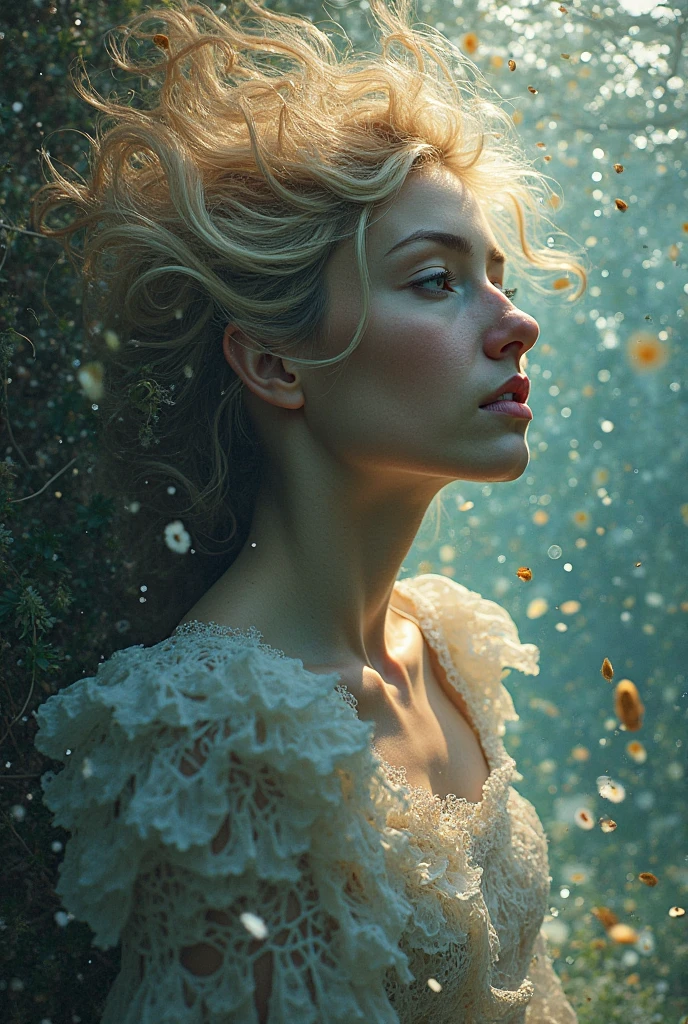 Gorgeous sexy beautiful realistic woman with freckly breasts, underwater in her thirties on field with cotton and roses, with freckles and blonde curls and skindetails during golden hour, skin with beautiful nostalgic mood and freckles with emotive face with wet skin and petals falling and dandelion seeds flying and dramatic light play --auto --s2