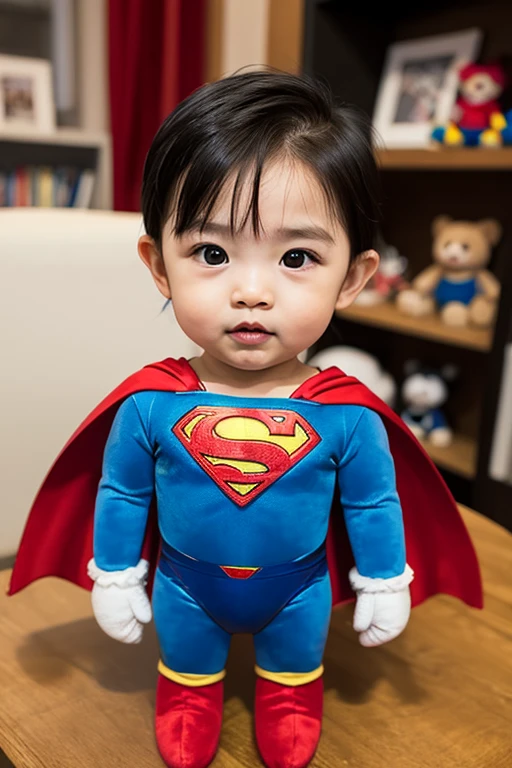 Cute kids baby, com roupa de superman, na escola, feliz, realista