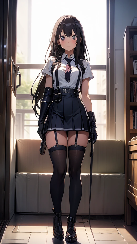 a girl with long black hair, frontal view, wearing a black short skirt, holding a bag, angry expression, abusive, (best quality,4k,8k,highres,masterpiece:1.2),ultra-detailed,(realistic,photorealistic,photo-realistic:1.37),highly detailed face and eyes,beautiful detailed lips,extremely detailed eyes,longeyelashes,school environment,dynamic pose