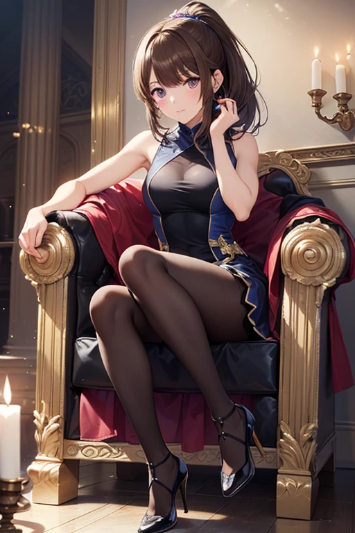 One young and beautiful woman,(Highest quality,Extremely detailed depiction,Incredibly absurd high resolution,Anatomically accurate depiction,A face with attention to detail, Eye for detail,Perfect body,Two curvaceous legs),(Glowing Skin,Shiny skin),Flower and willow woman,Gorgeous navy blue party dress,Shiny black pantyhose,eyelash,eye shadow,eyeliner,mascara,Luxury accessories,Earrings,Bracelet,Black high heels,Purple Eyes,(A look of disgust:1.3),Lift your chin,Glossy Lips,Sweat,whole body,sitting on a plush sofa with one's knees raised,Arrogant attitude,(From below:1.3)