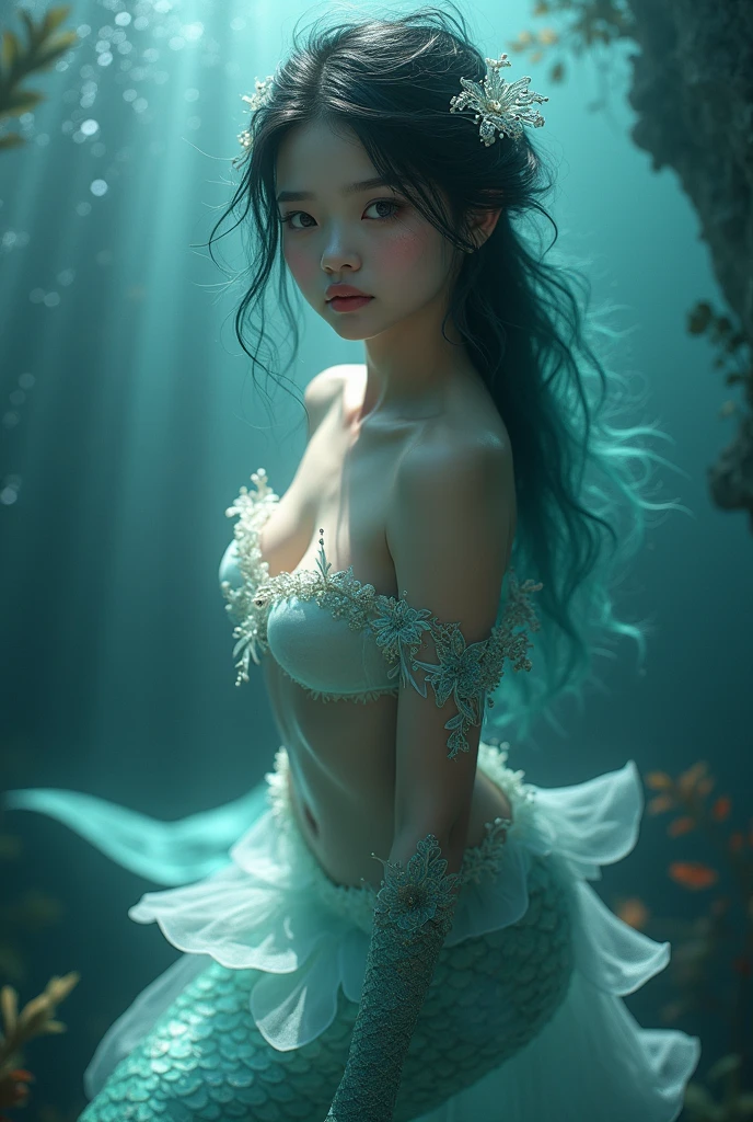 absurdres, highres, (official art, beautiful and aesthetic:1.2), (near vision:1.15), (1girl, blue hair, medium hair, blue eyes, bright eyes, short white dress, blue ruffle,:1.2) blue sky, Shimmering Galaxy, (Salar de Uyuni:1.2), (fractal art:0.8), water effects, ripple effects, (flower effects: 0.65), light effects, realistic hands, mybeauties